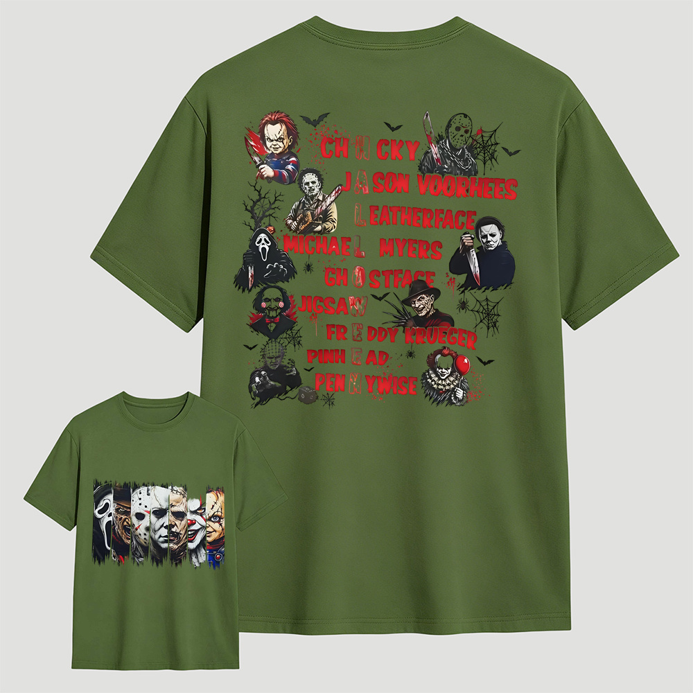 Horror Movie Characters Double‑Sided T‑Shirt, Vintage Halloween Slasher Tee, Scary Movie Fan Gift