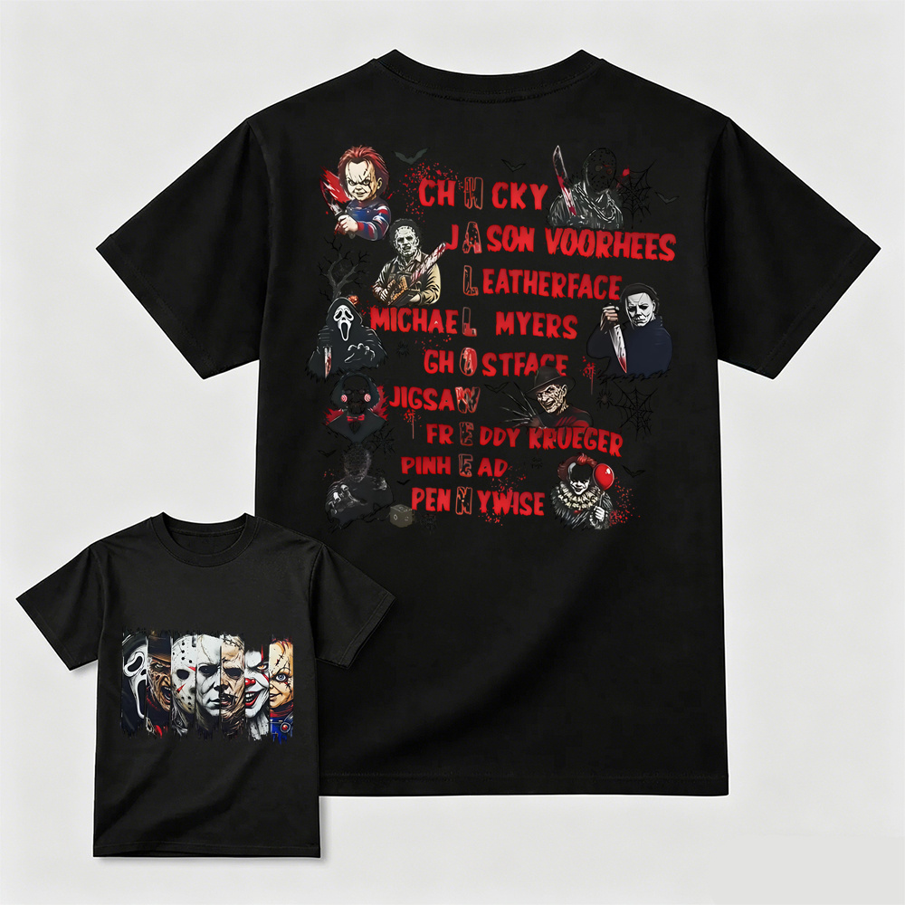 Horror Movie Characters Double‑Sided T‑Shirt, Vintage Halloween Slasher Tee, Scary Movie Fan Gift