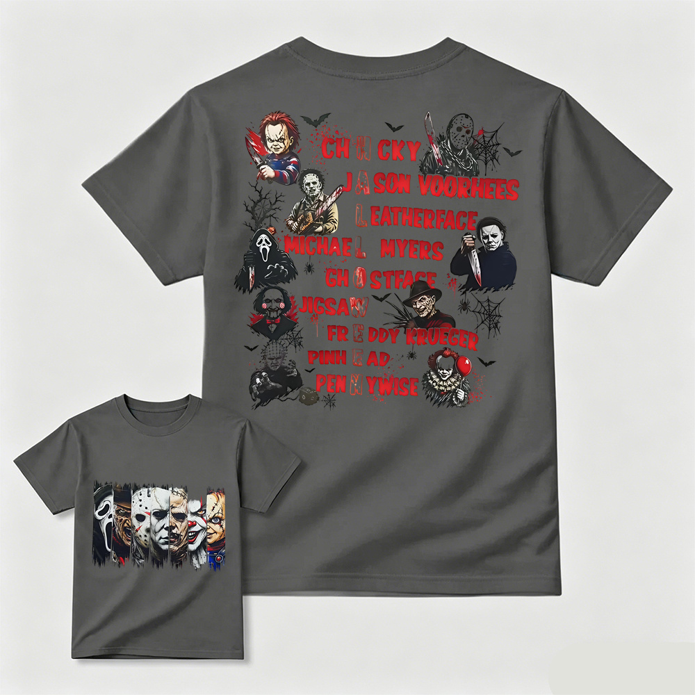 Horror Movie Characters Double‑Sided T‑Shirt, Vintage Halloween Slasher Tee, Scary Movie Fan Gift