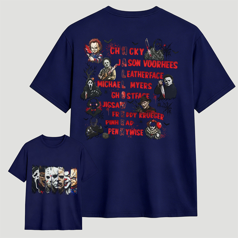 Horror Movie Characters Double‑Sided T‑Shirt, Vintage Halloween Slasher Tee, Scary Movie Fan Gift
