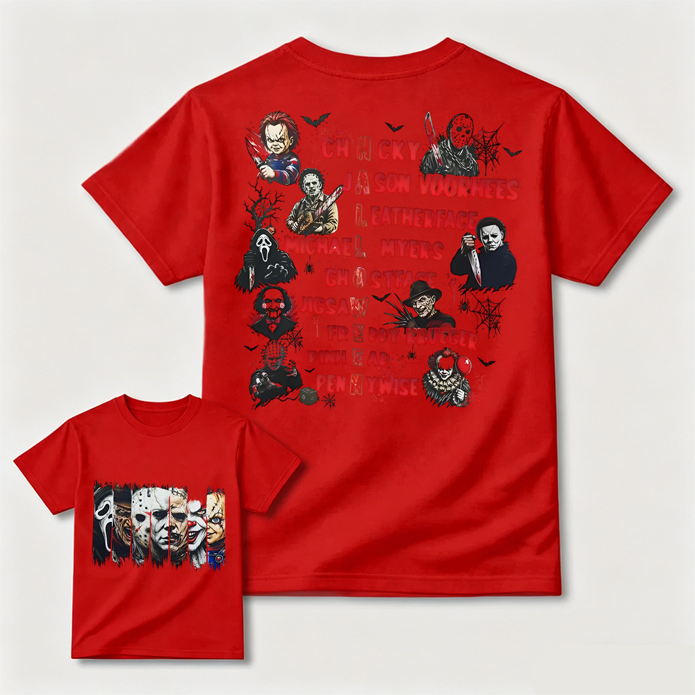 Horror Movie Characters Double‑Sided T‑Shirt, Vintage Halloween Slasher Tee, Scary Movie Fan Gift