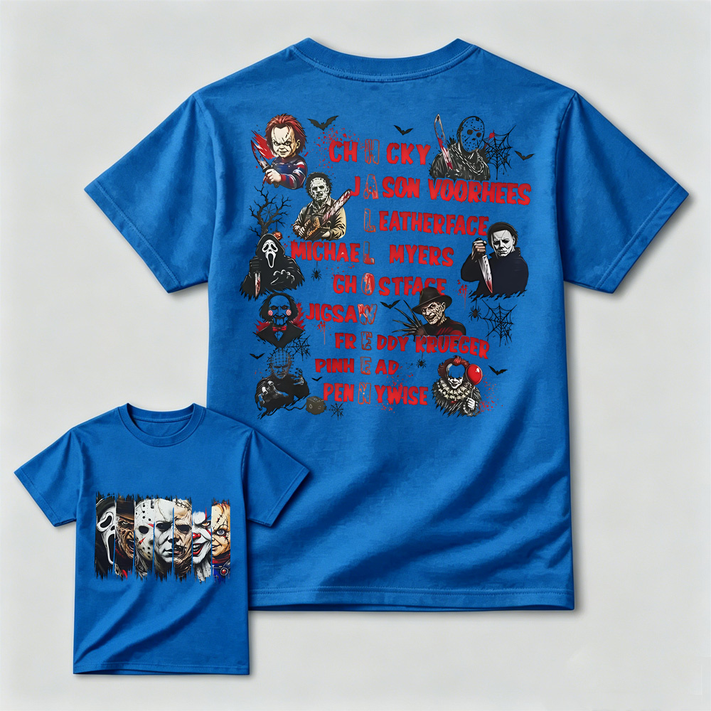 Horror Movie Characters Double‑Sided T‑Shirt, Vintage Halloween Slasher Tee, Scary Movie Fan Gift