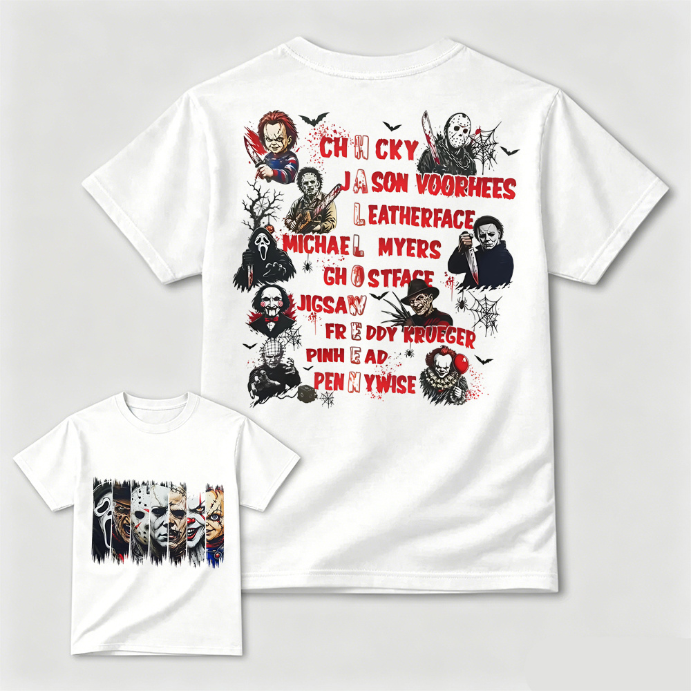 Horror Movie Characters Double‑Sided T‑Shirt, Vintage Halloween Slasher Tee, Scary Movie Fan Gift