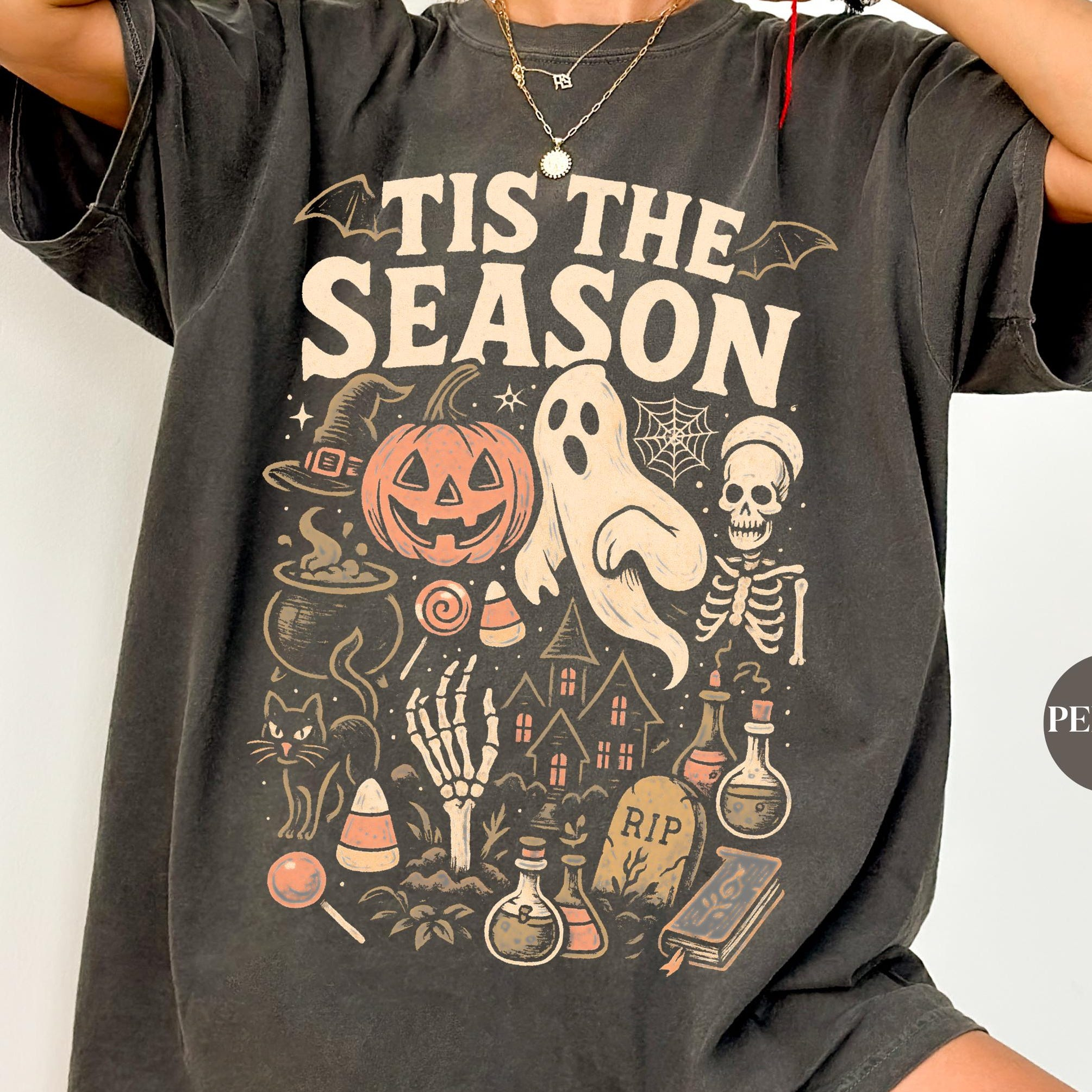 Tis the Season Halloween Graphic T-Shirt – Vintage Ghost, Pumpkin & Skeleton Unisex Tee