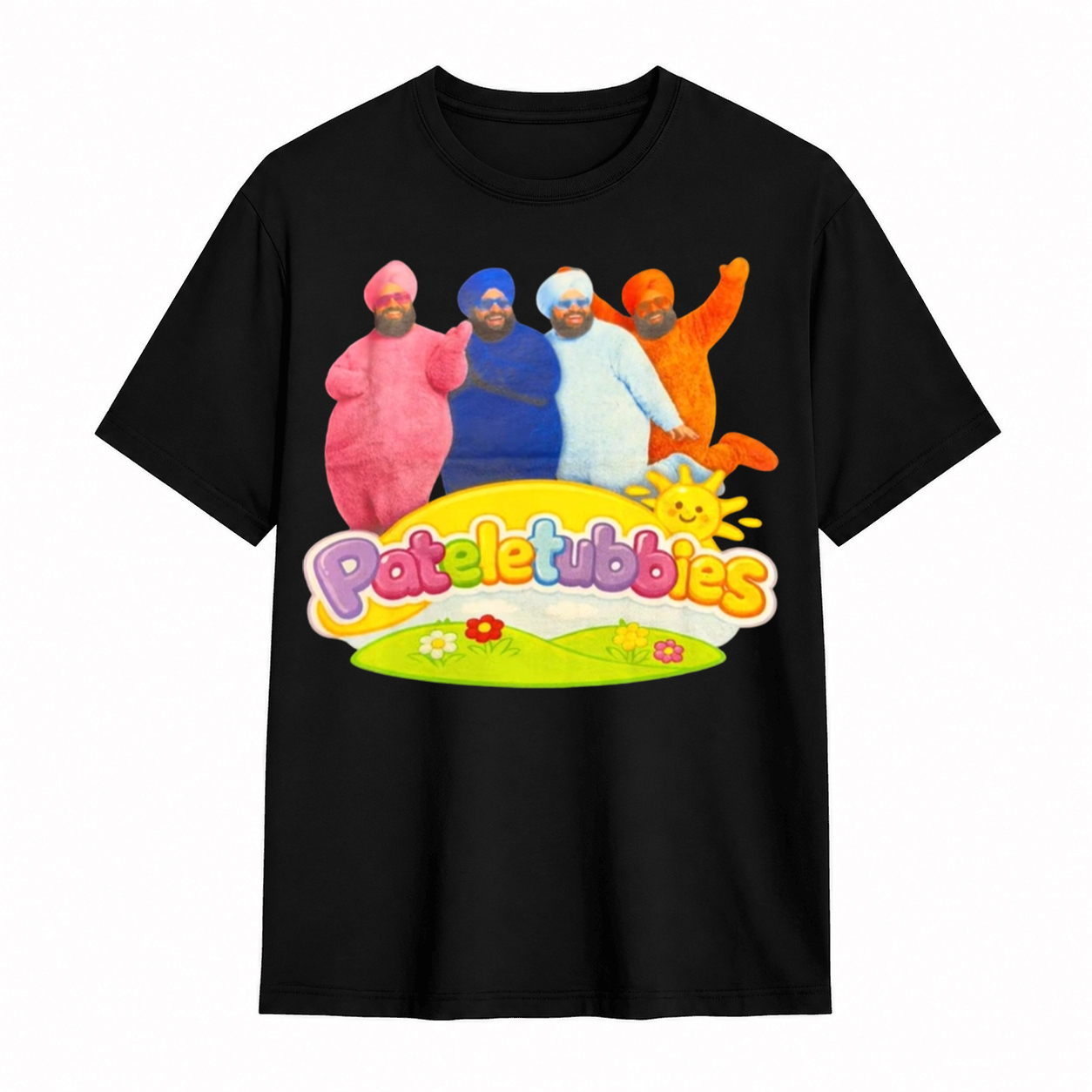 Funny Patele Tubbies Pun Graphic T-Shirt, Viral Sikh Turban Parody Teletubbies Meme Black Tee