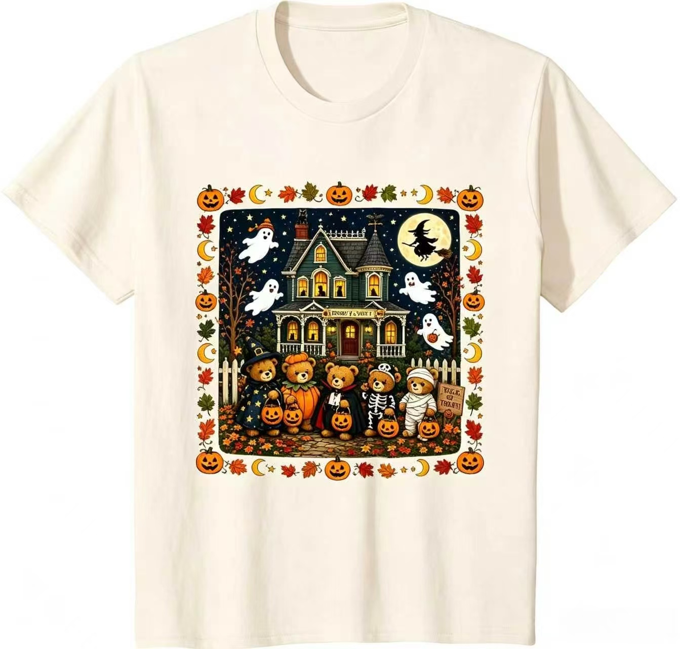 Spooky & Sweet Halloween Teddy Bear Haunted House Graphic T-Shirt, Retro Fall Ghost Witch Pumpkin Autumn Tee