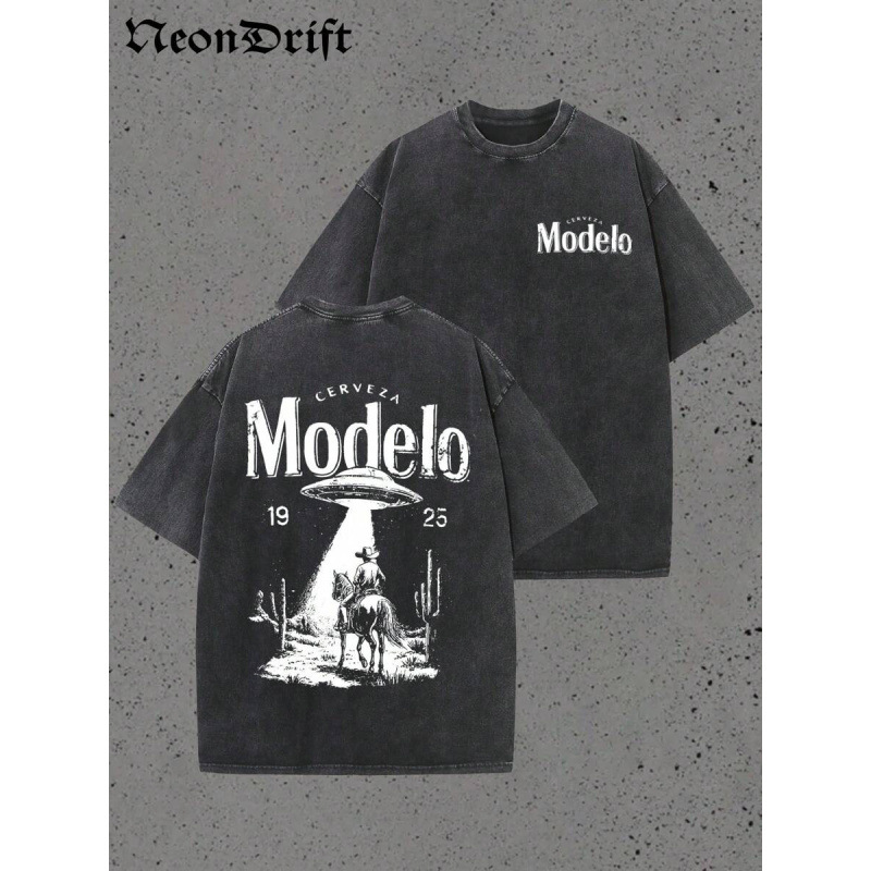 Vintage Washed Modelo Cerveza UFO Cowboy Western Graphic T-Shirt