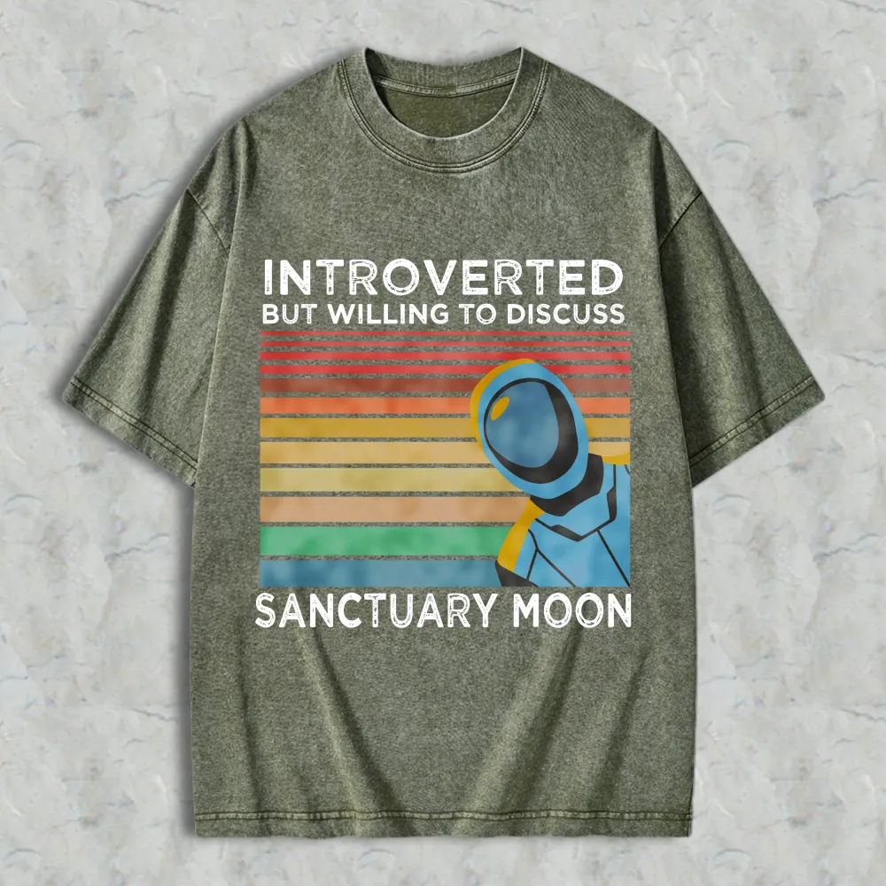 Introverted But Willing To Discuss Sanctuary Moon Astronaut Vintage Rainbow Design Unisex Washed T-shirt