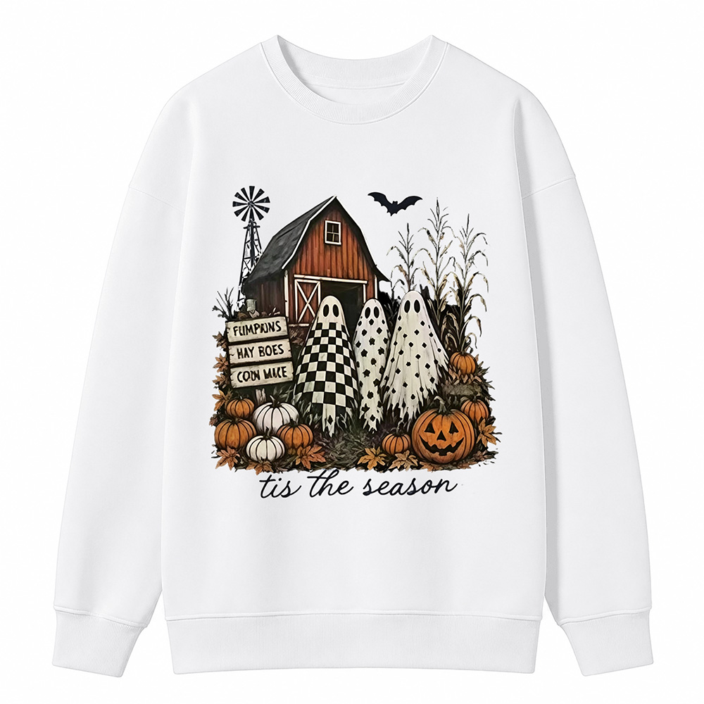 Vintage Farm Ghost Halloween Sweatshirt, Tis The Season Pumpkin Barn 