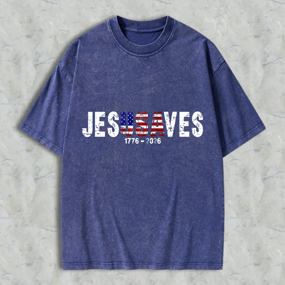 Jesus Saves American Flag Design 1776 2026 Washed T-shirt