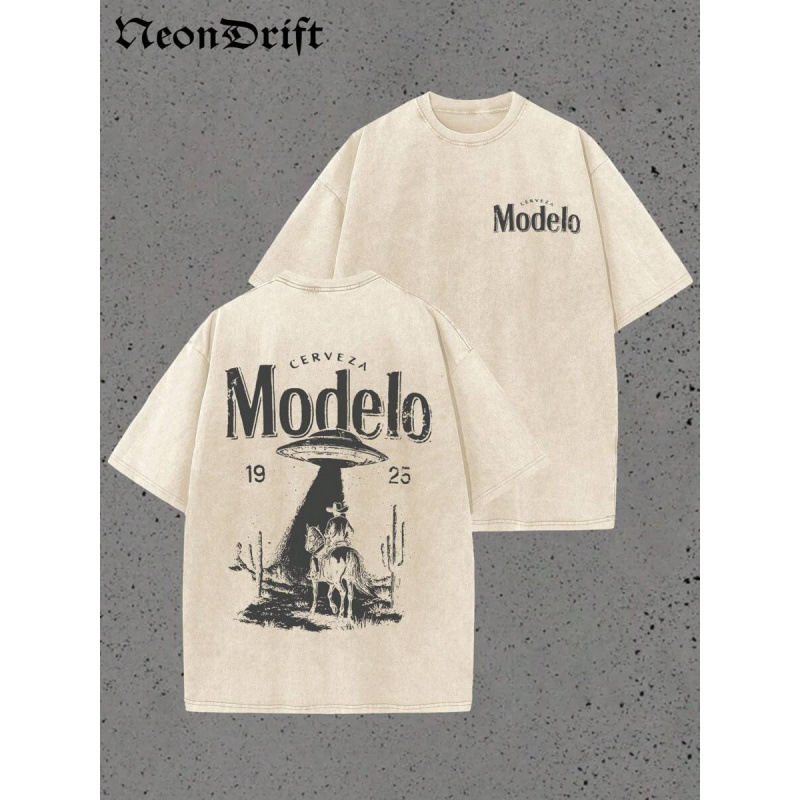 Vintage Washed Modelo Cerveza UFO Cowboy Western Graphic T-Shirt