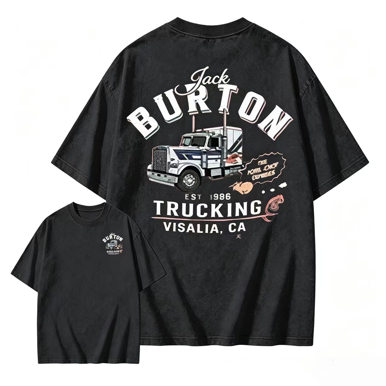 1986 Classic Movie Jack Burton Trucking FS 986 Truck Graphic Washed T-Shirt Double Sided Print Retro Casual Short Sleeve Shirts