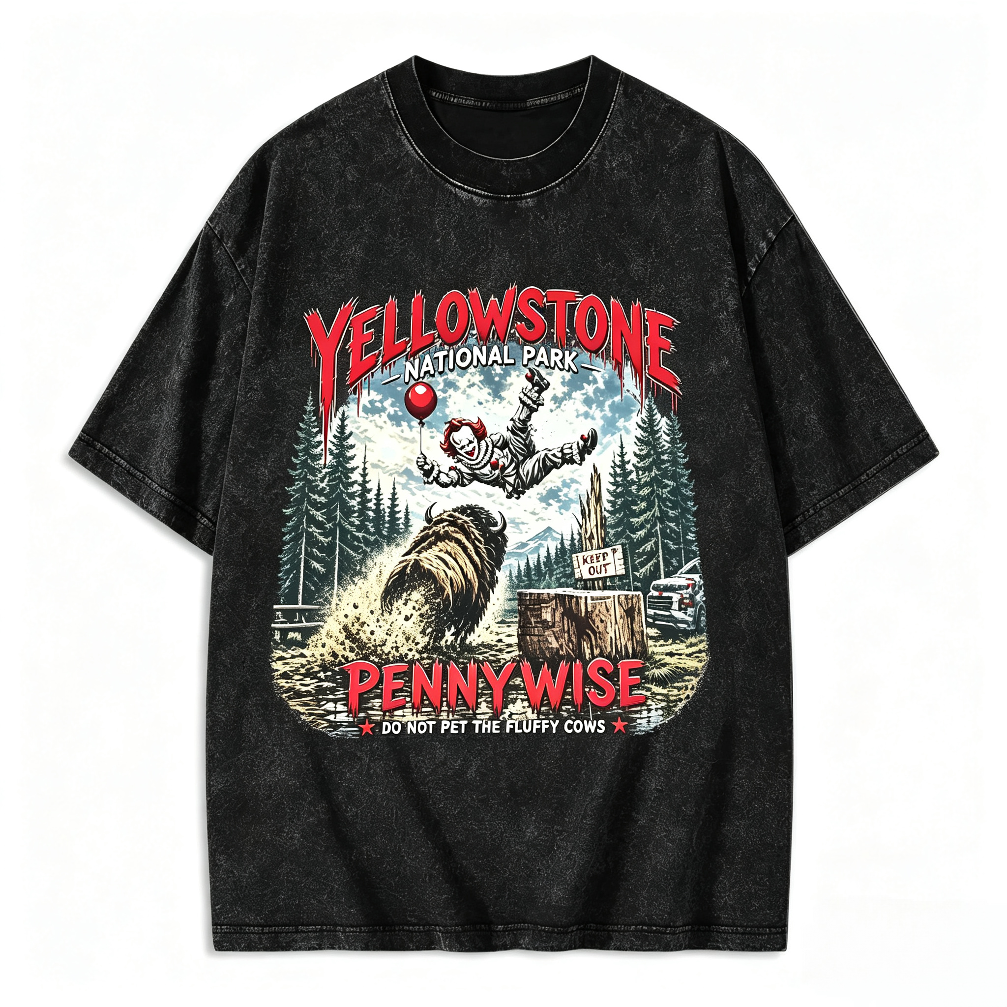 Vintage Horror Wilderness Graphic Washed T-Shirt – Retro Slasher Streetwear Tee