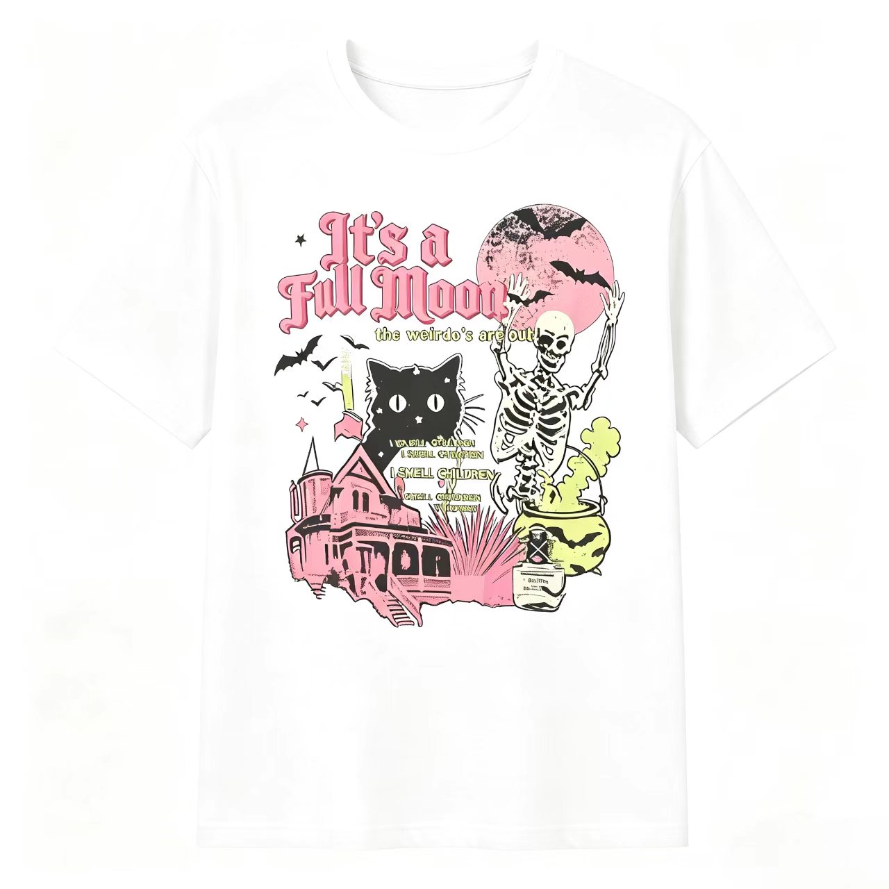 It's a Full Moon Halloween Graphic Sweatshirt – Vintage Skeleton, Black Cat & Haunted House Crewneck Pullover