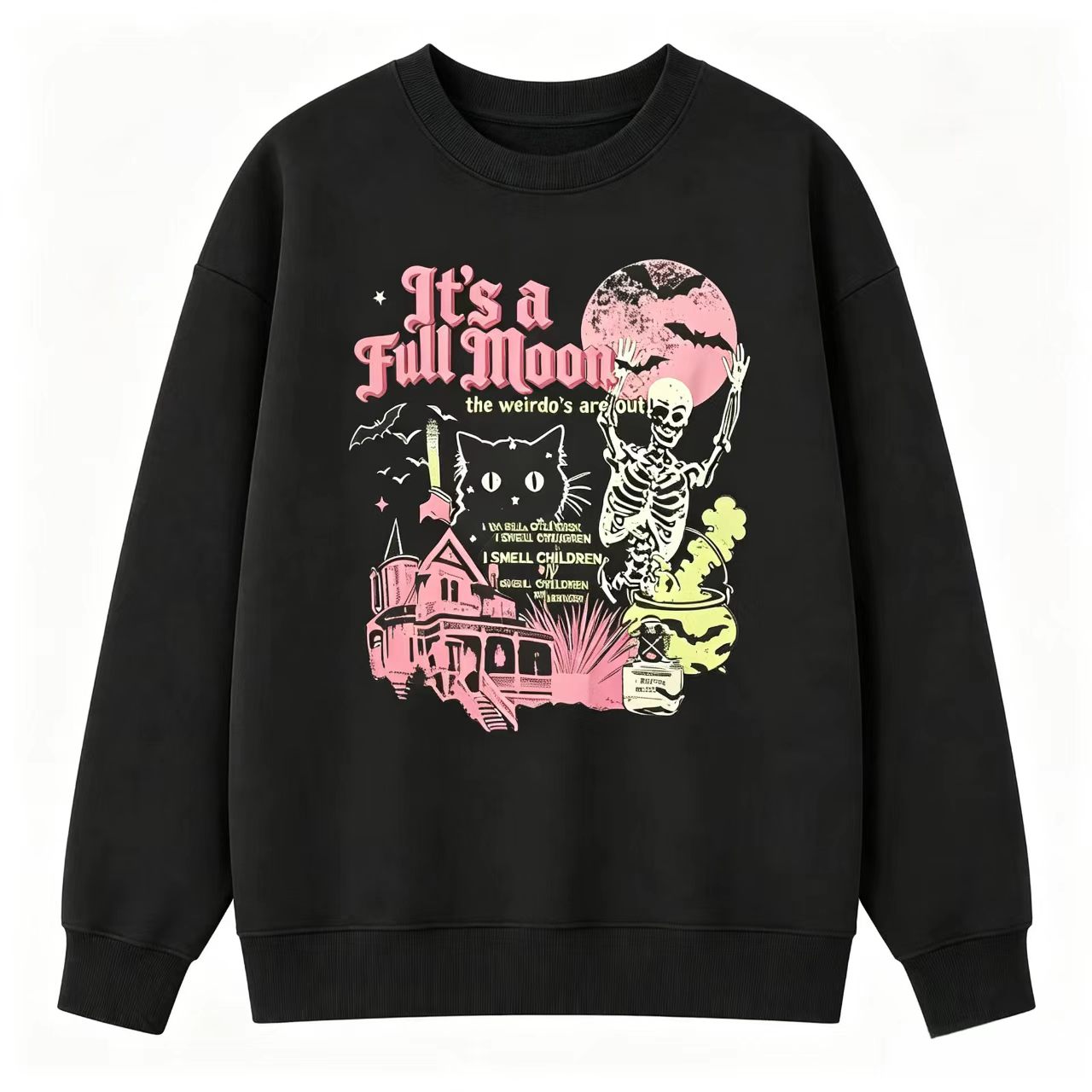 It's a Full Moon Halloween Graphic Sweatshirt – Vintage Skeleton, Black Cat & Haunted House Crewneck Pullover