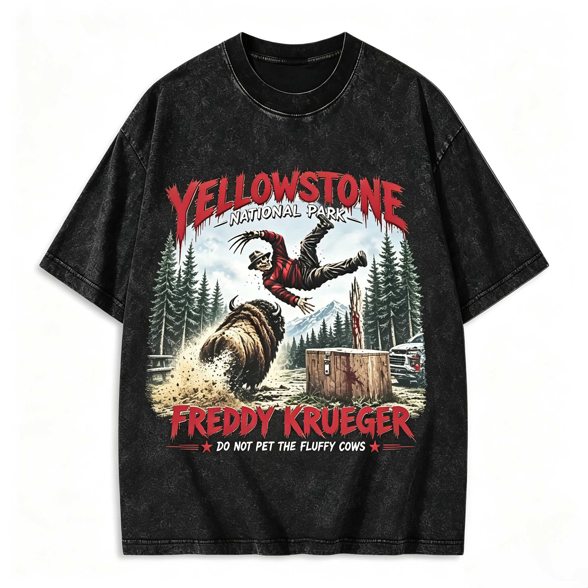 Vintage Horror Wilderness Graphic Washed T-Shirt – Retro Slasher Streetwear Tee