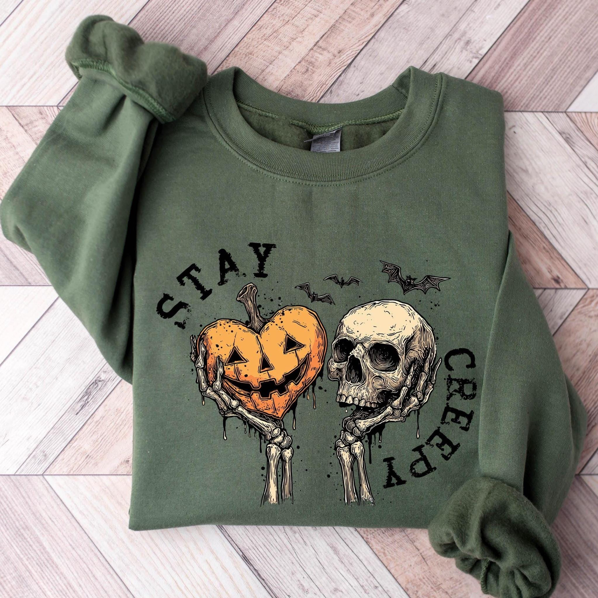 Stay Creepy Halloween Graphic Sweatshirt – Vintage Skull & Jack-O'-Lantern Heart Unisex Crewneck