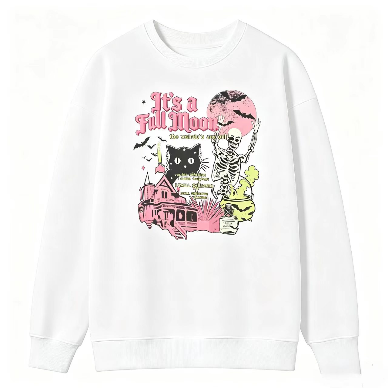 It's a Full Moon Halloween Graphic Sweatshirt – Vintage Skeleton, Black Cat & Haunted House Crewneck Pullover