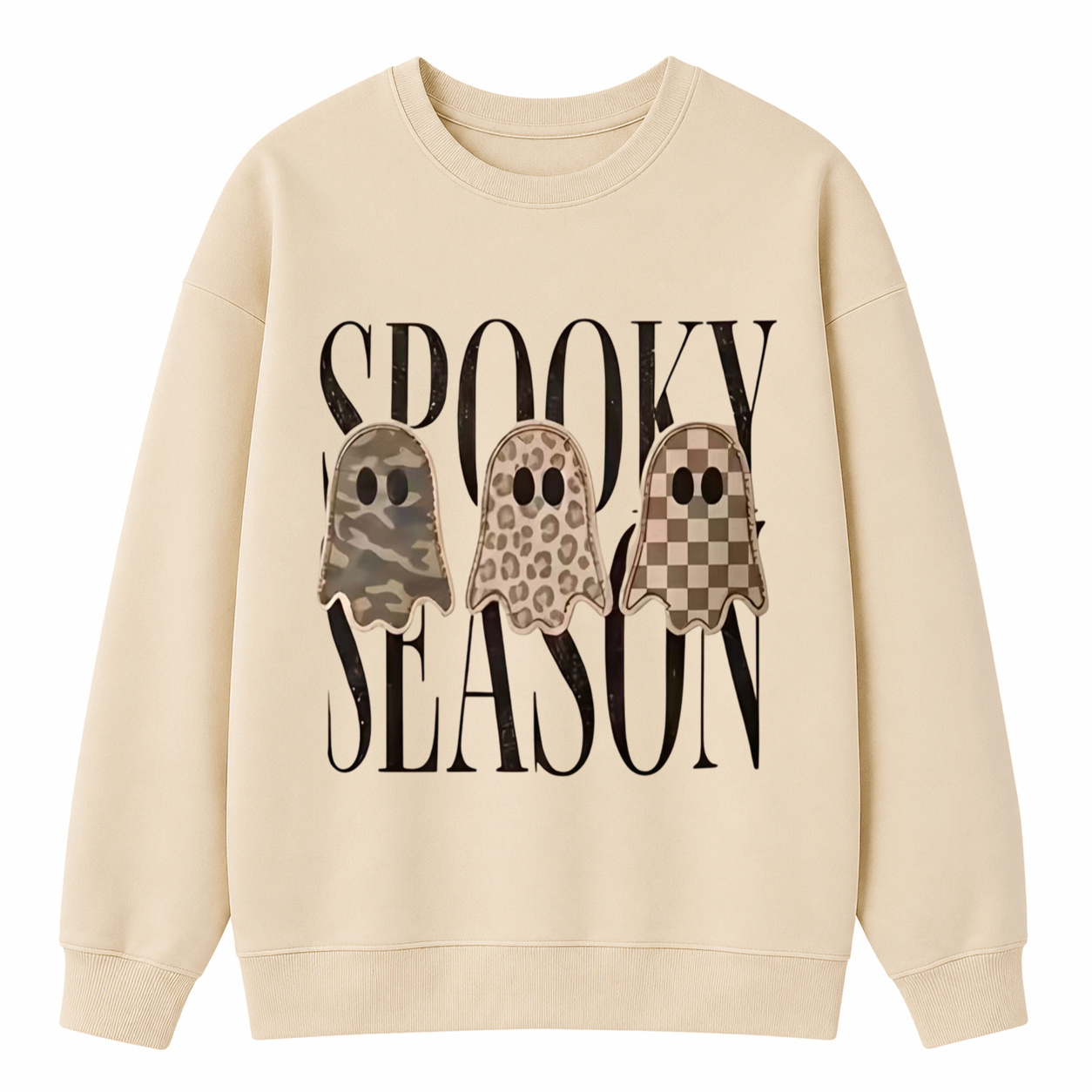 Spooky Season Ghost Graphic Sweatshirt – Camo, Leopard & Checkered Halloween Crewneck Pullover