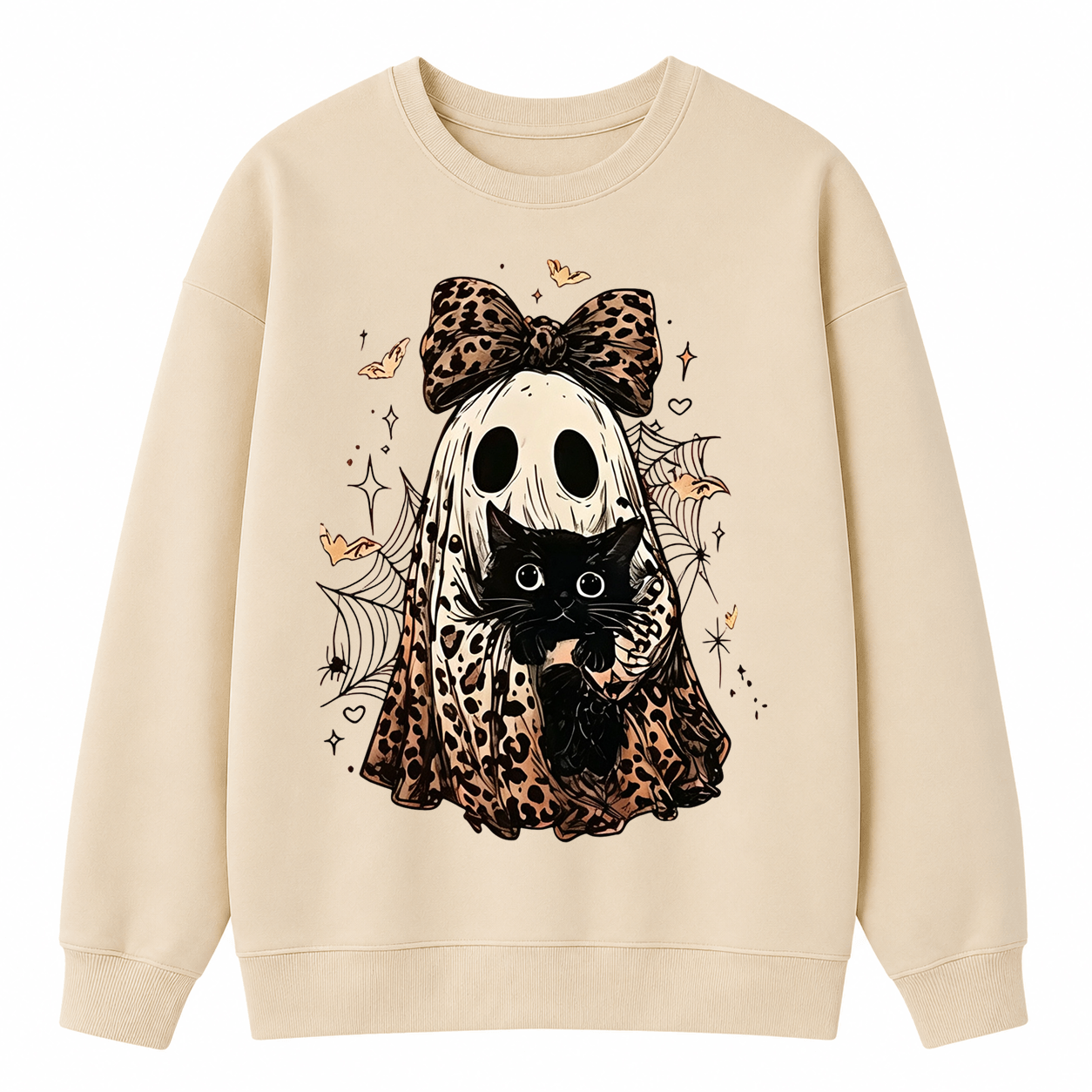Coquette Leopard Ghost Black Cat Sweatshirt | Spooky Fall Halloween Pullover