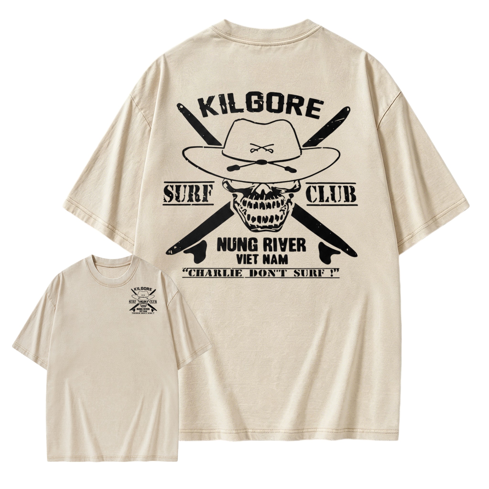 Kilgore Surf Club Nung River Viet Nam Acid Wash T-Shirt | Apocalypse Now Charlie Don't Surf Double Sided Vintage Tee