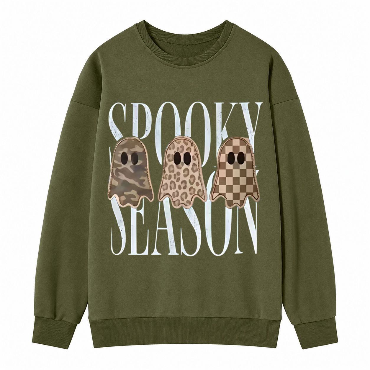 Spooky Season Ghost Graphic Sweatshirt – Camo, Leopard & Checkered Halloween Crewneck Pullover