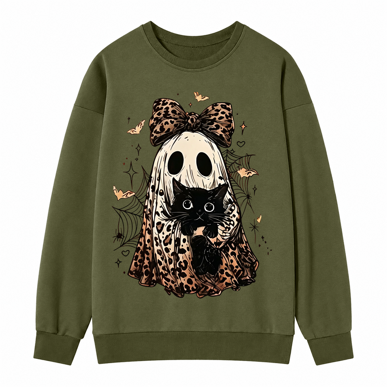 Coquette Leopard Ghost Black Cat Sweatshirt | Spooky Fall Halloween Pullover