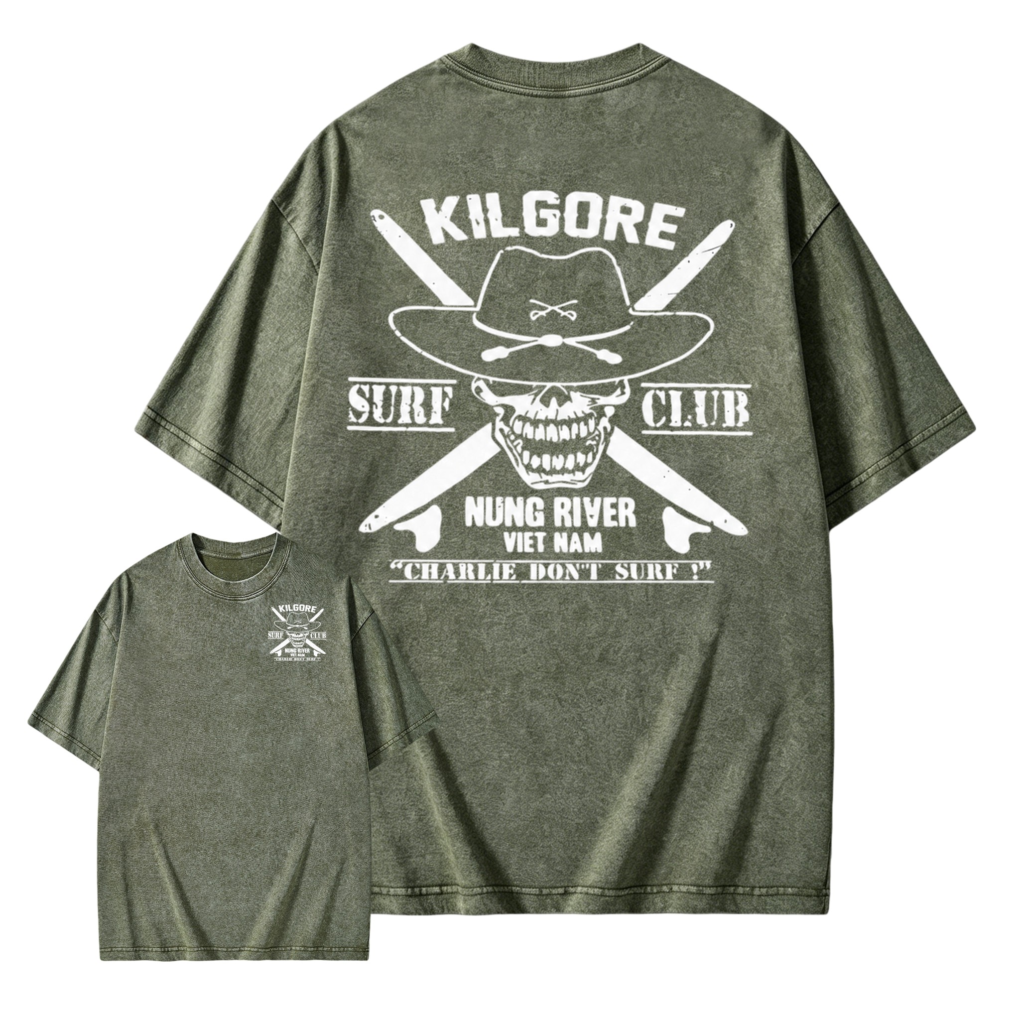 Kilgore Surf Club Nung River Viet Nam Acid Wash T-Shirt | Apocalypse Now Charlie Don't Surf Double Sided Vintage Tee