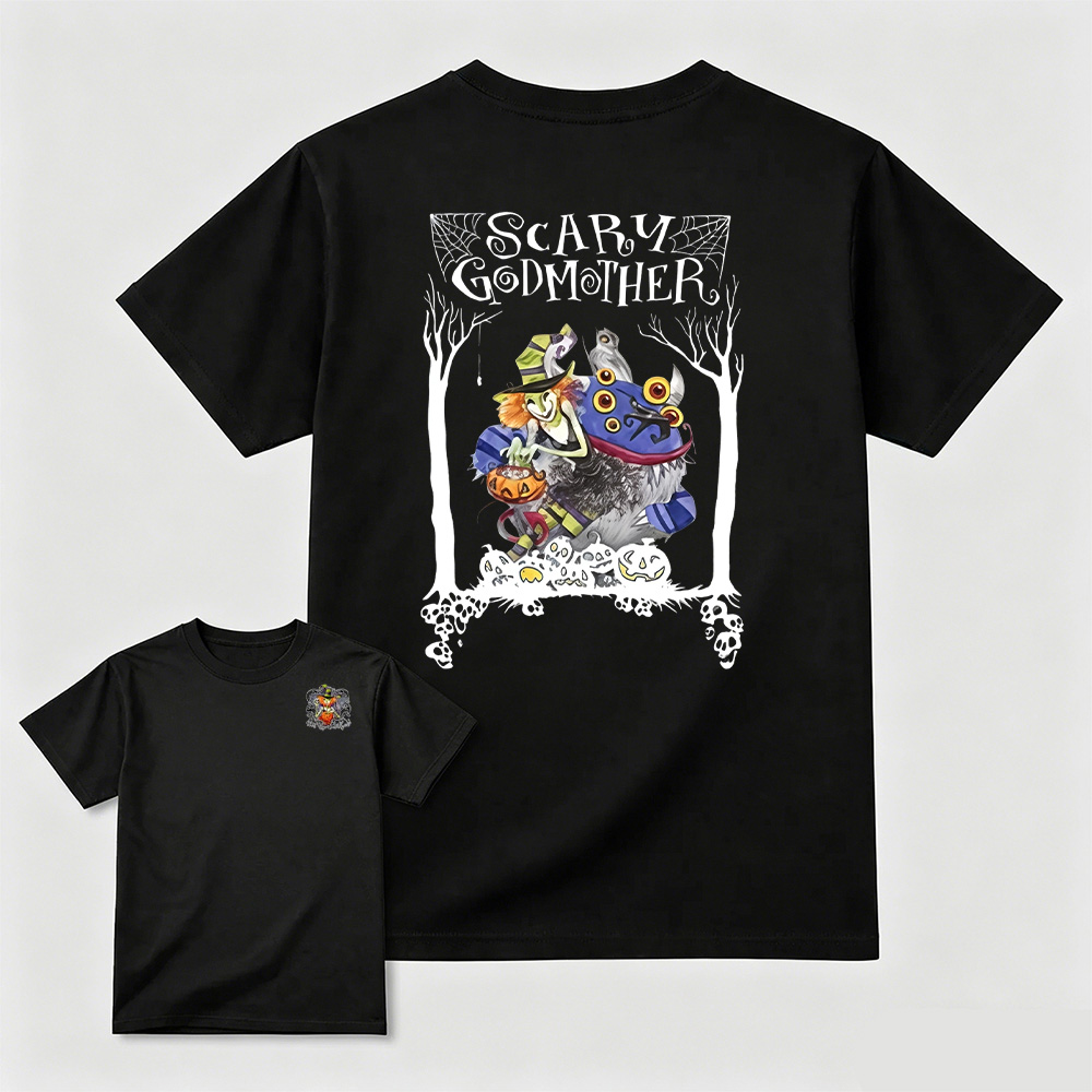 Scary Godmother Halloween Witch Graphic T-Shirt Front Small Back Big Print Tee