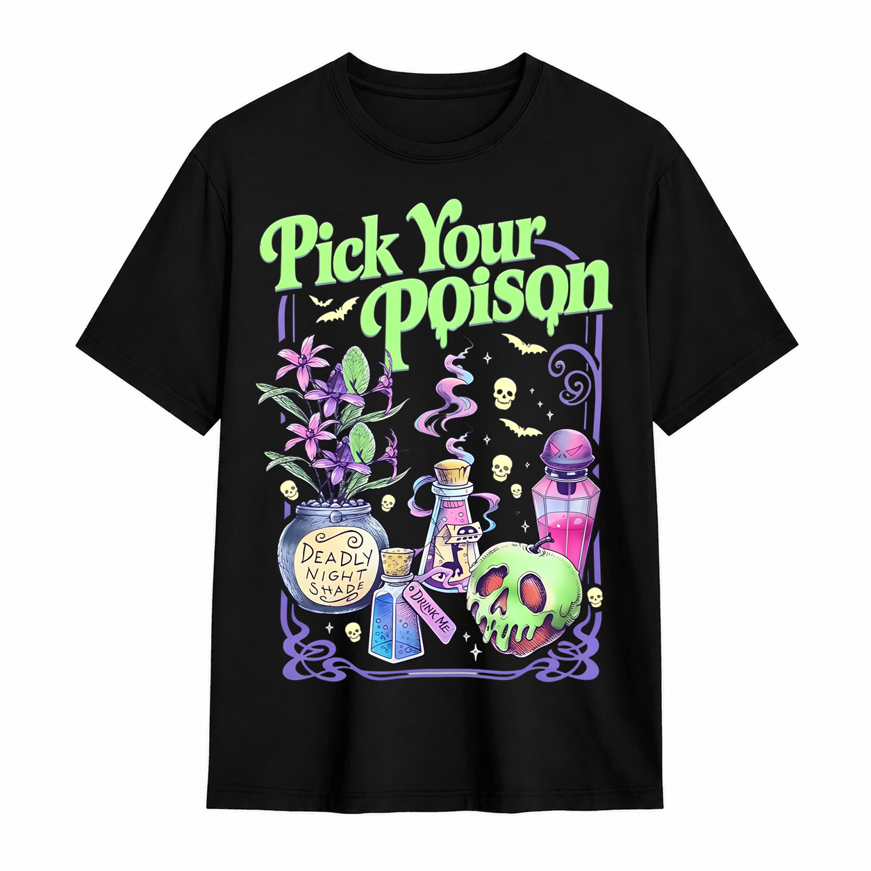 Pick Your Poison Halloween T-Shirt – Spooky Gothic Potion Graphic Tee, Dark Witchy Aesthetic Shirt for Halloween Lovers