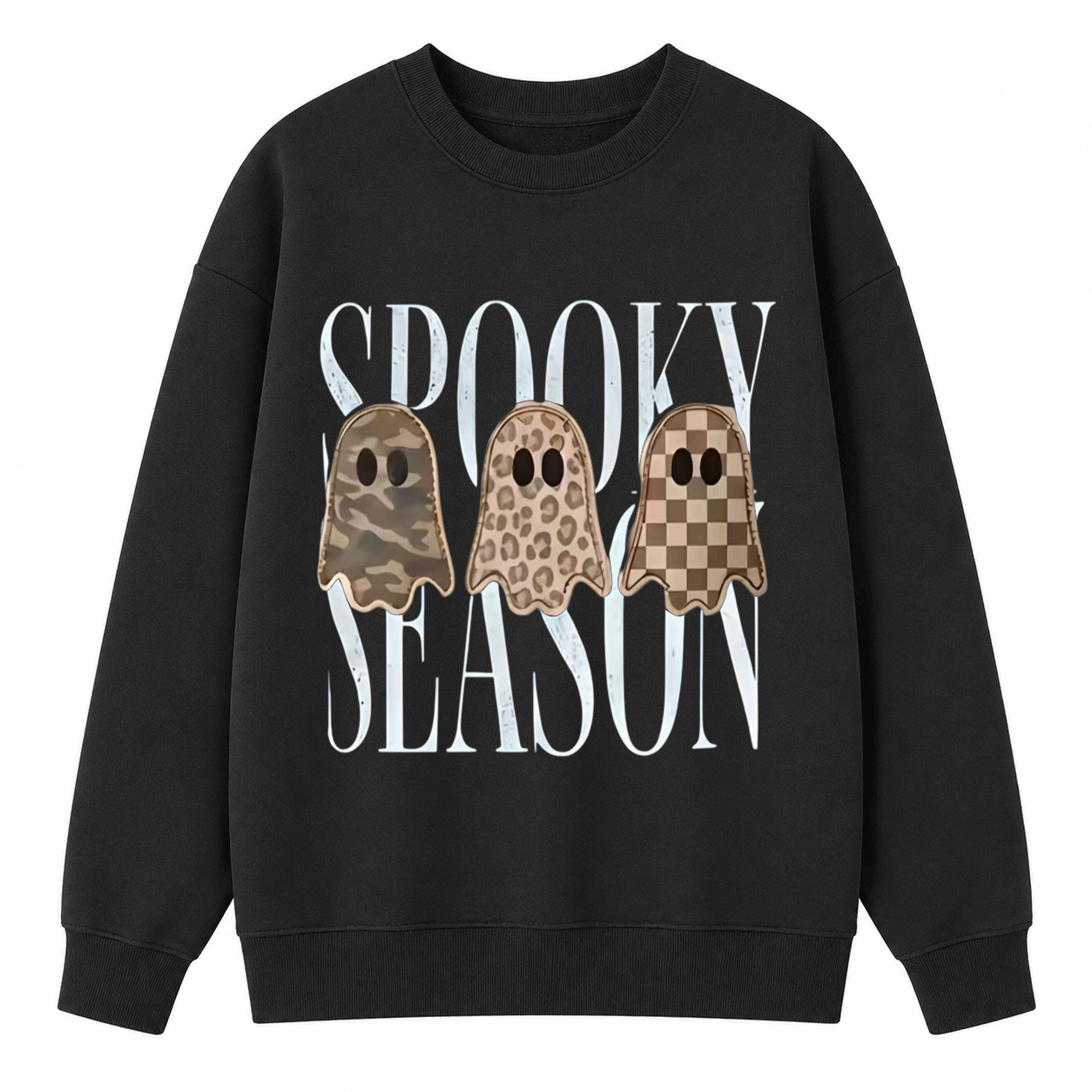 Spooky Season Ghost Graphic Sweatshirt – Camo, Leopard & Checkered Halloween Crewneck Pullover