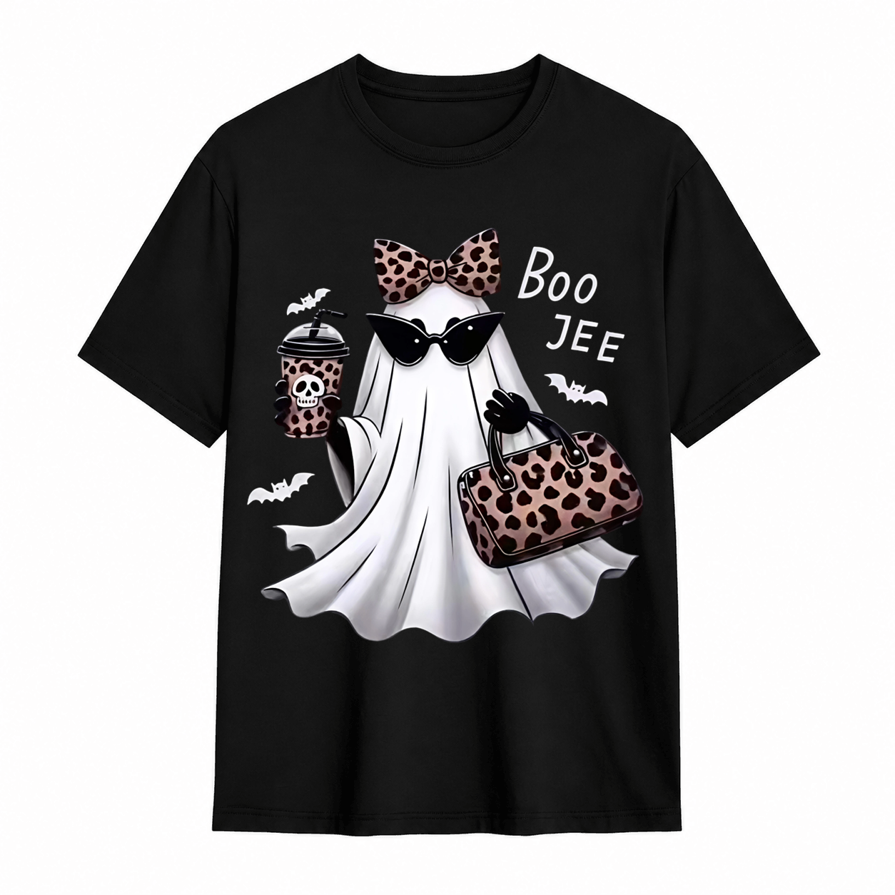 Spooky Chic Ghost Graphic Halloween T-Shirt – Cute Leopard Print Bow & Coffee Casual Tee