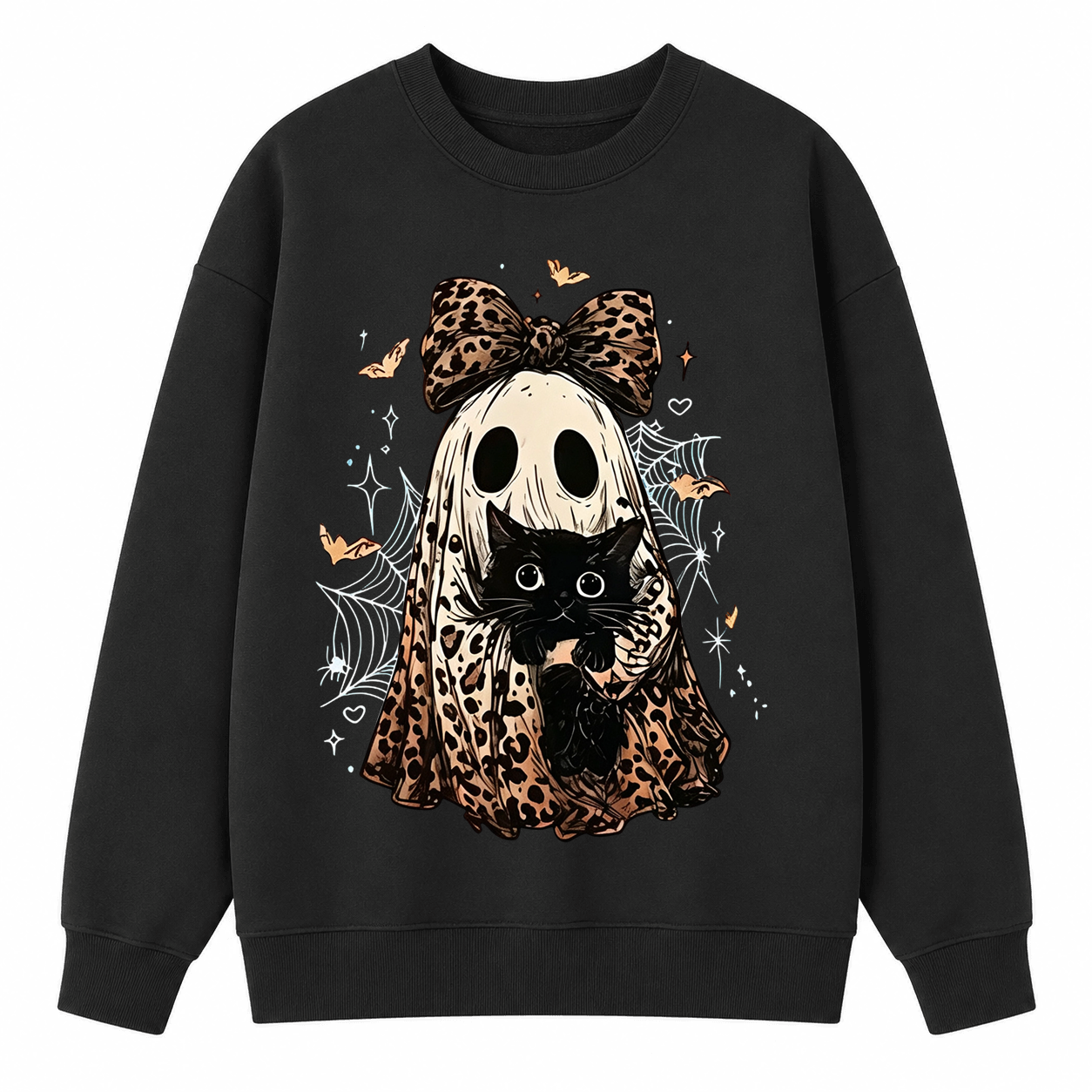 Coquette Leopard Ghost Black Cat Sweatshirt | Spooky Fall Halloween Pullover