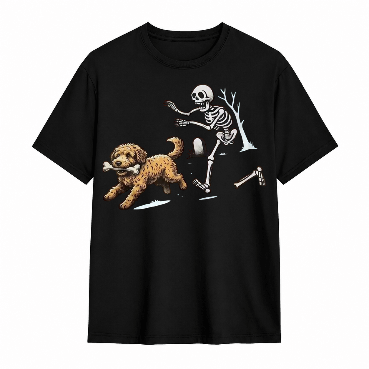 Funny Skeleton Chasing Dog Halloween Graphic T-Shirt