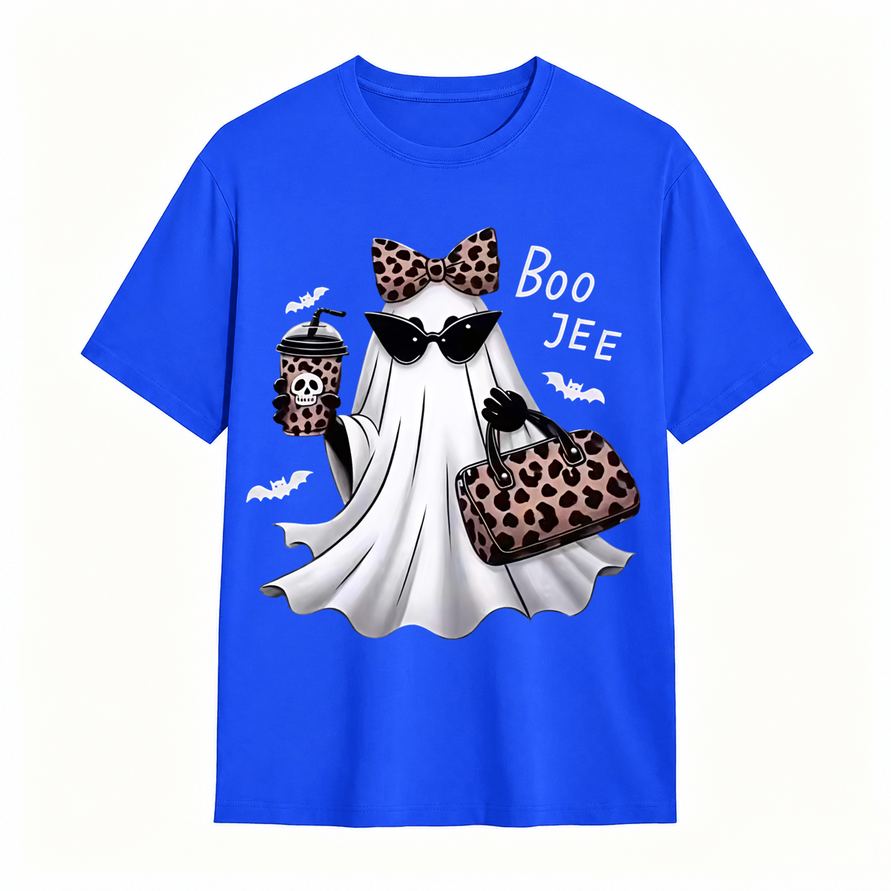 Spooky Chic Ghost Graphic Halloween T-Shirt – Cute Leopard Print Bow & Coffee Casual Tee