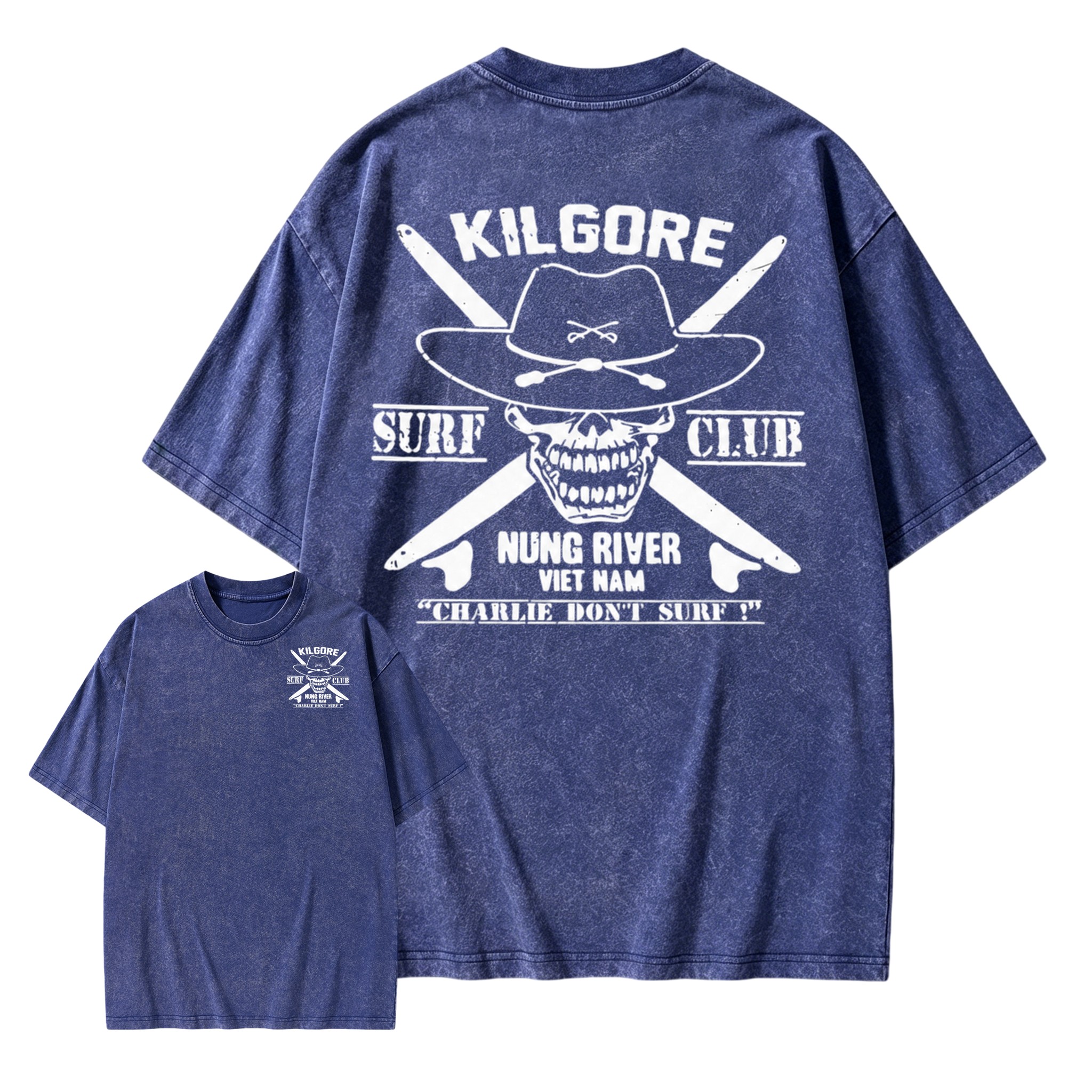Kilgore Surf Club Nung River Viet Nam Acid Wash T-Shirt | Apocalypse Now Charlie Don't Surf Double Sided Vintage Tee