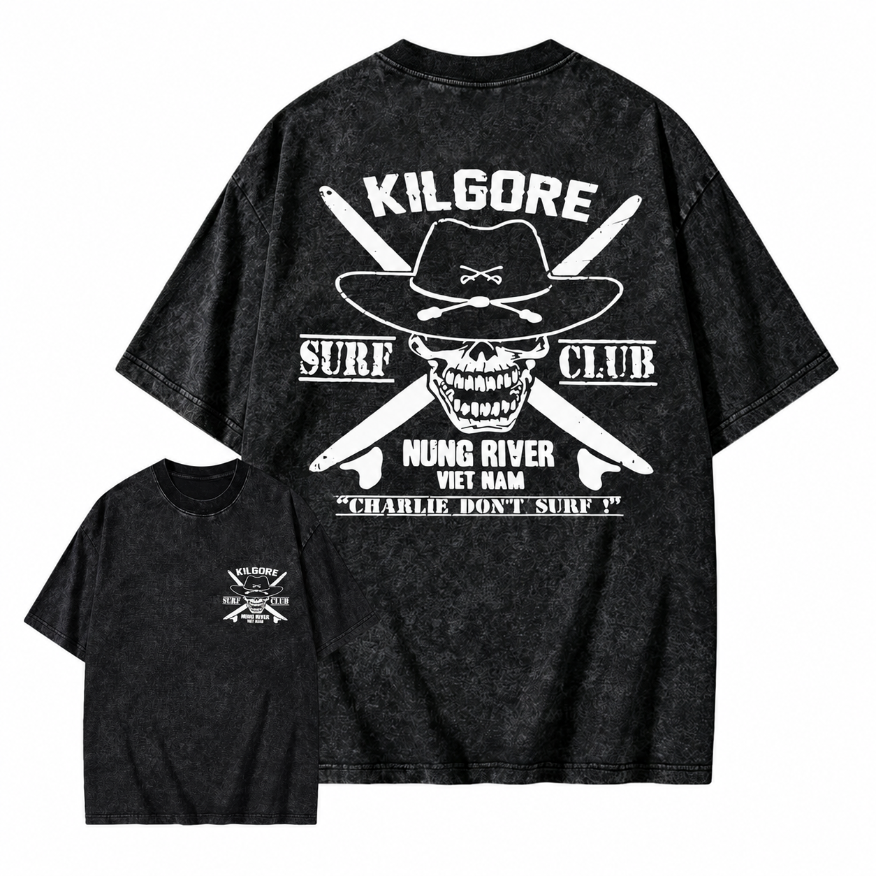 Kilgore Surf Club Nung River Viet Nam Acid Wash T-Shirt | Apocalypse Now Charlie Don't Surf Double Sided Vintage Tee