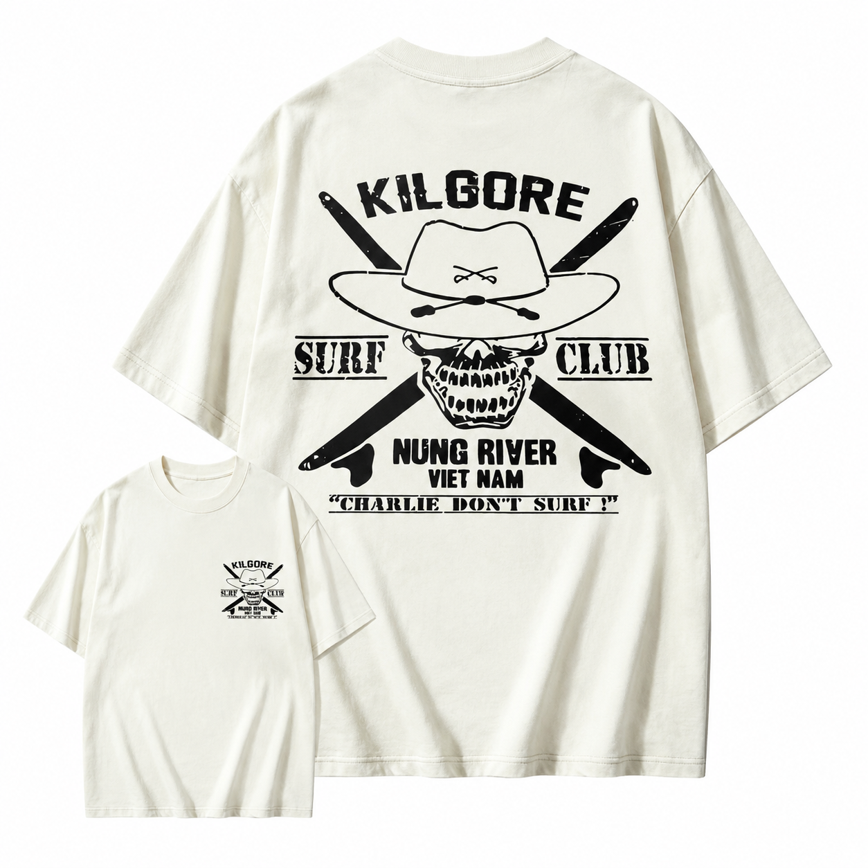 Kilgore Surf Club Nung River Viet Nam Acid Wash T-Shirt | Apocalypse Now Charlie Don't Surf Double Sided Vintage Tee