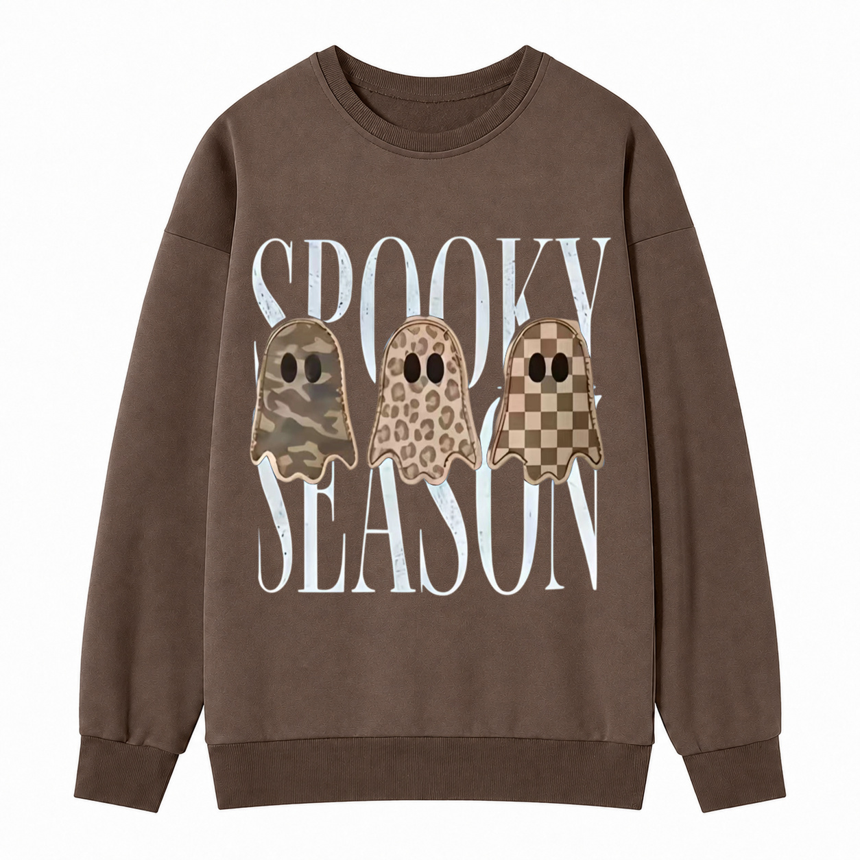 Spooky Season Ghost Graphic Sweatshirt – Camo, Leopard & Checkered Halloween Crewneck Pullover