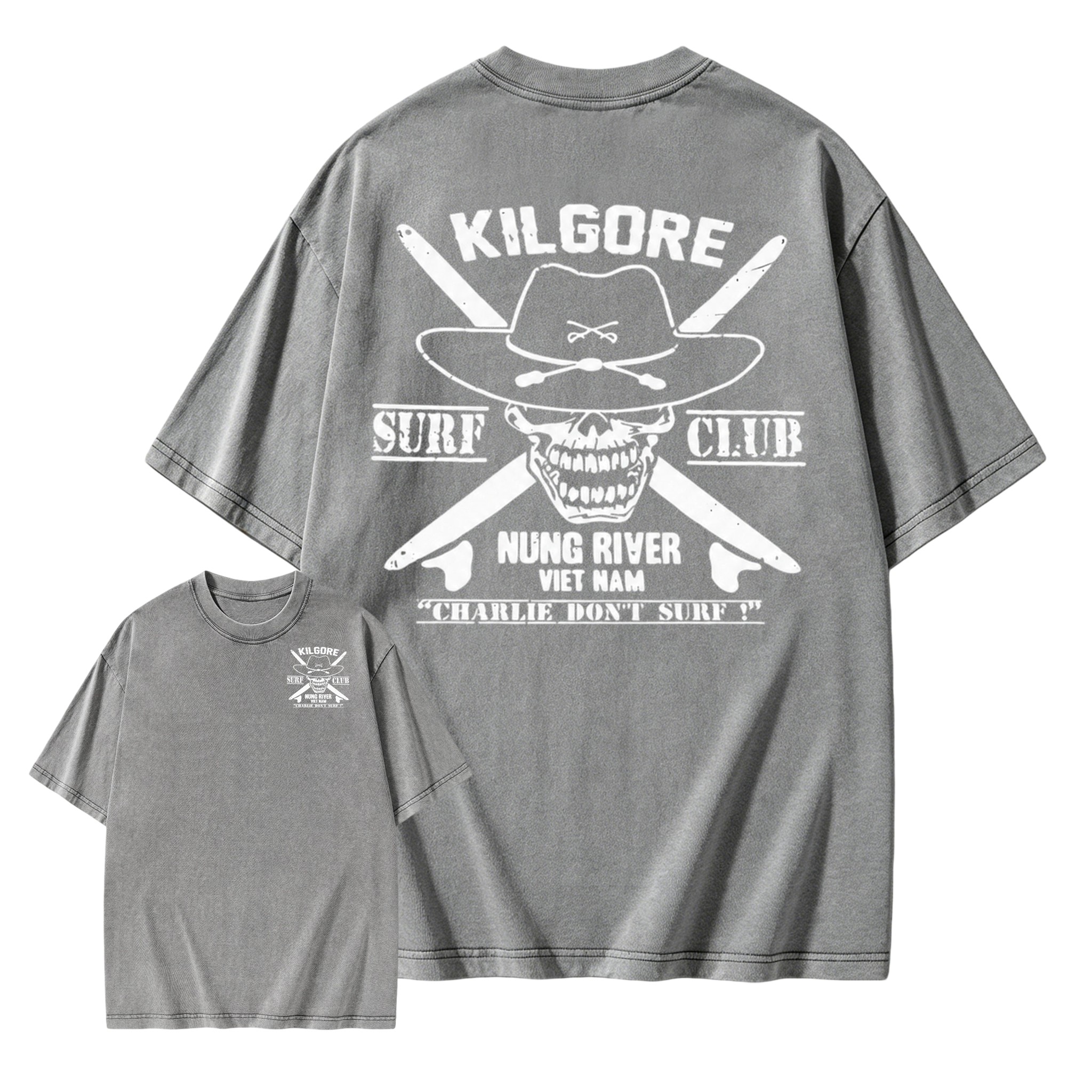 Kilgore Surf Club Nung River Viet Nam Acid Wash T-Shirt | Apocalypse Now Charlie Don't Surf Double Sided Vintage Tee