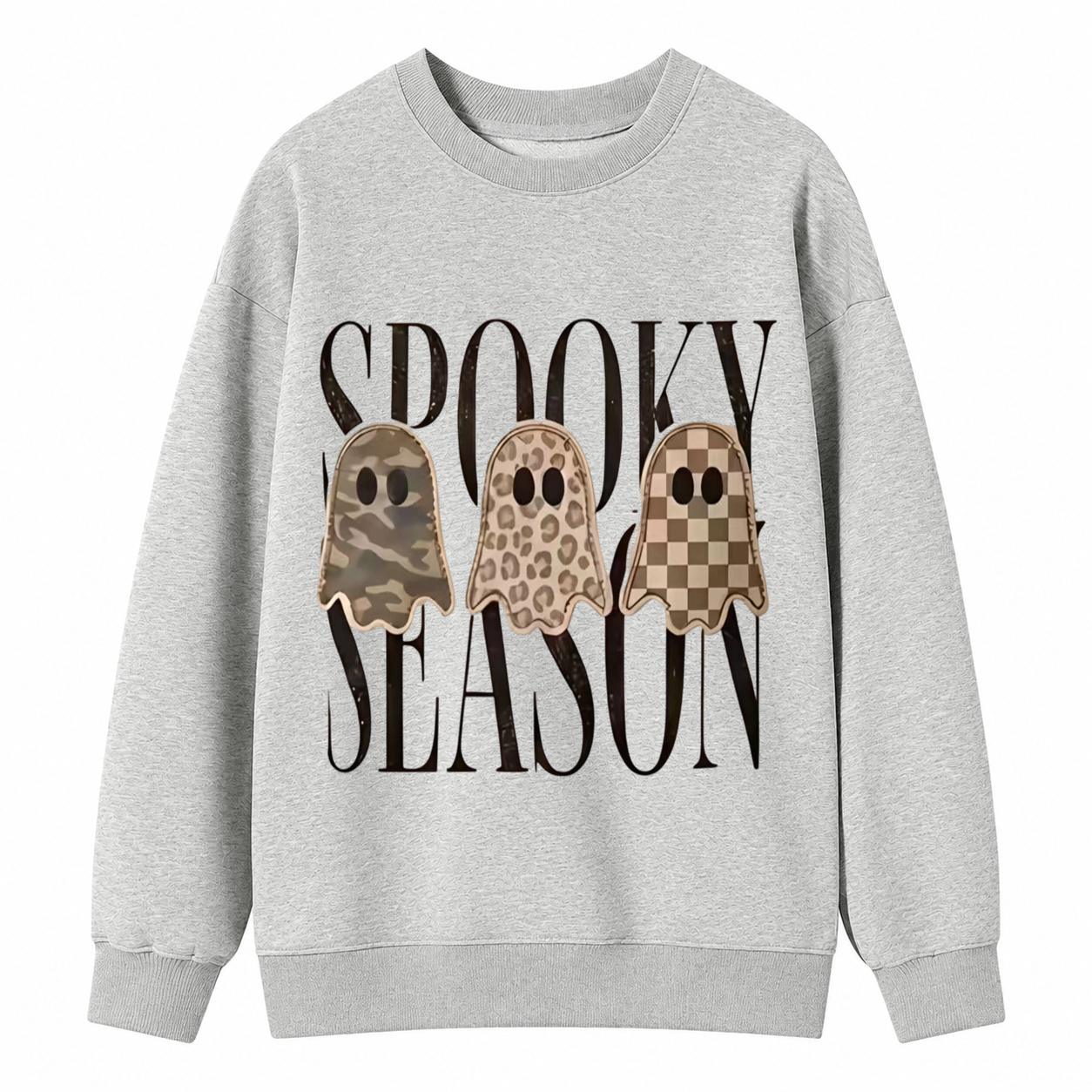 Spooky Season Ghost Graphic Sweatshirt – Camo, Leopard & Checkered Halloween Crewneck Pullover