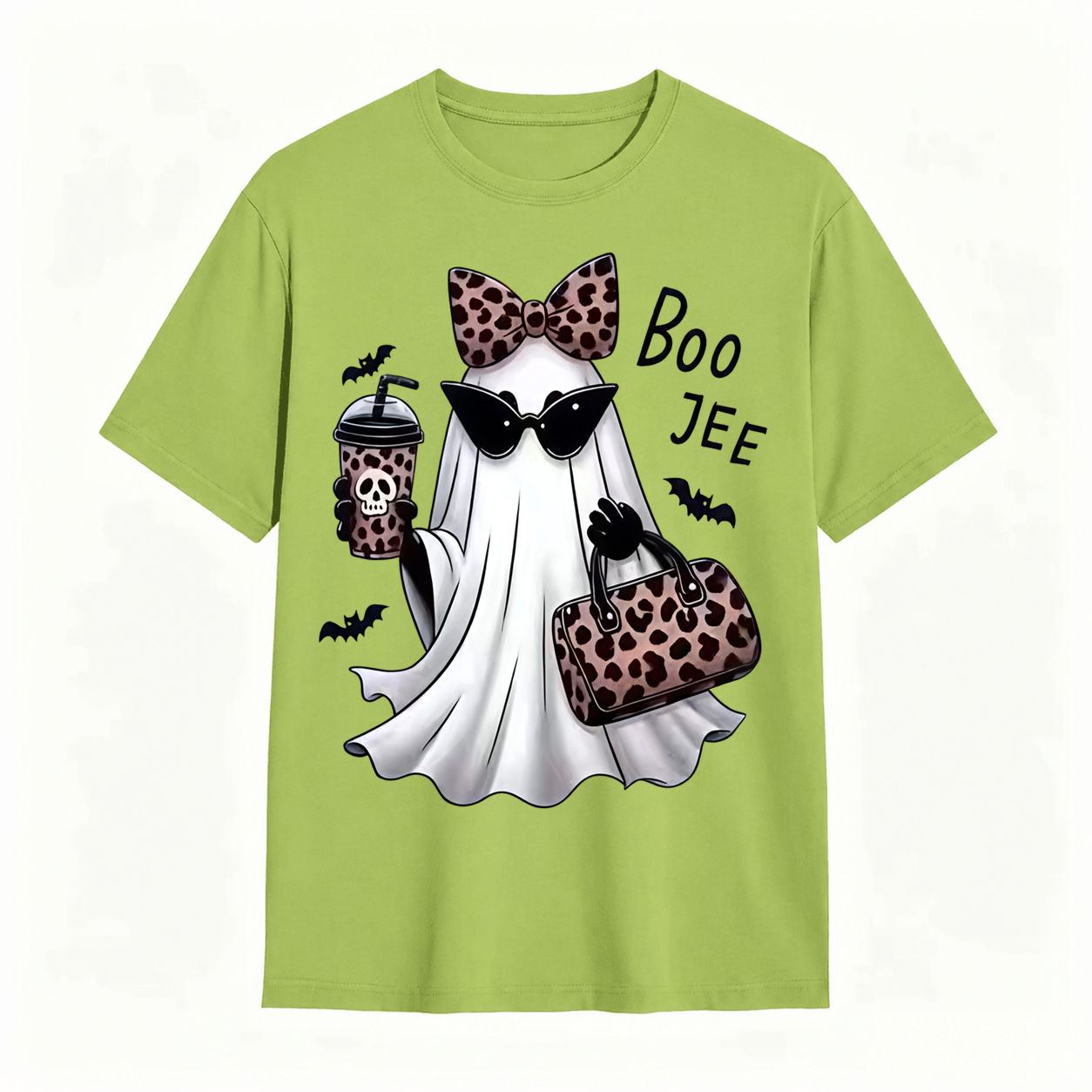 Spooky Chic Ghost Graphic Halloween T-Shirt – Cute Leopard Print Bow & Coffee Casual Tee