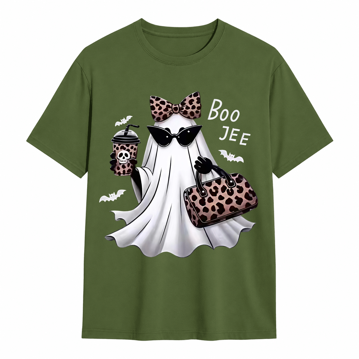 Spooky Chic Ghost Graphic Halloween T-Shirt – Cute Leopard Print Bow & Coffee Casual Tee