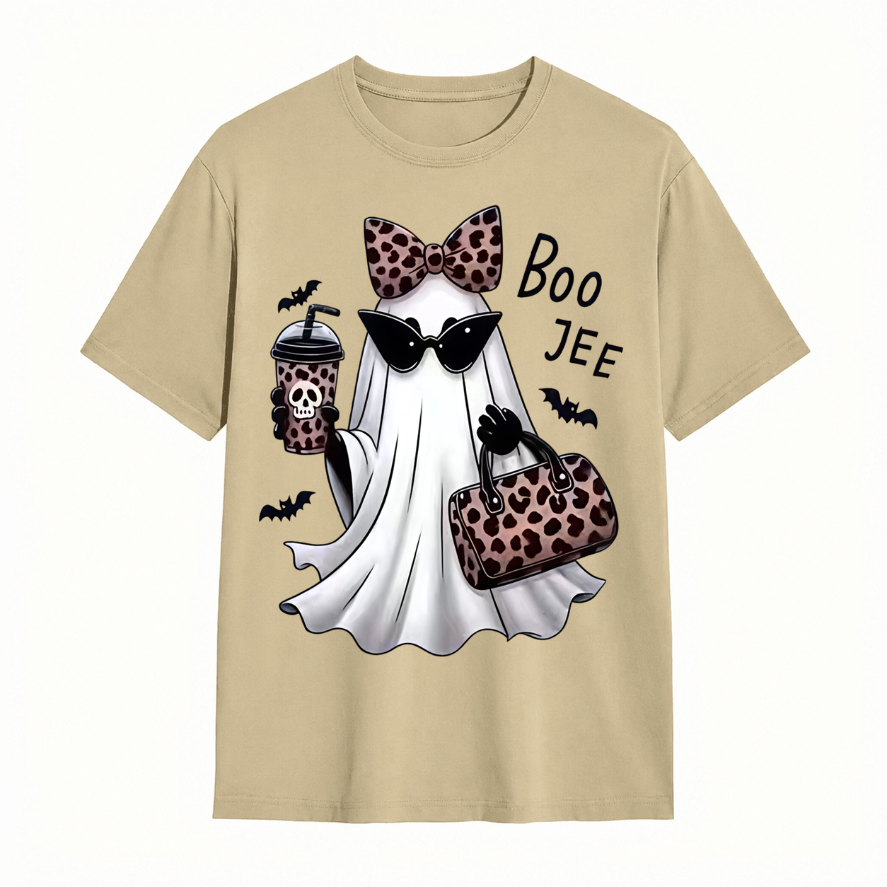 Spooky Chic Ghost Graphic Halloween T-Shirt – Cute Leopard Print Bow & Coffee Casual Tee