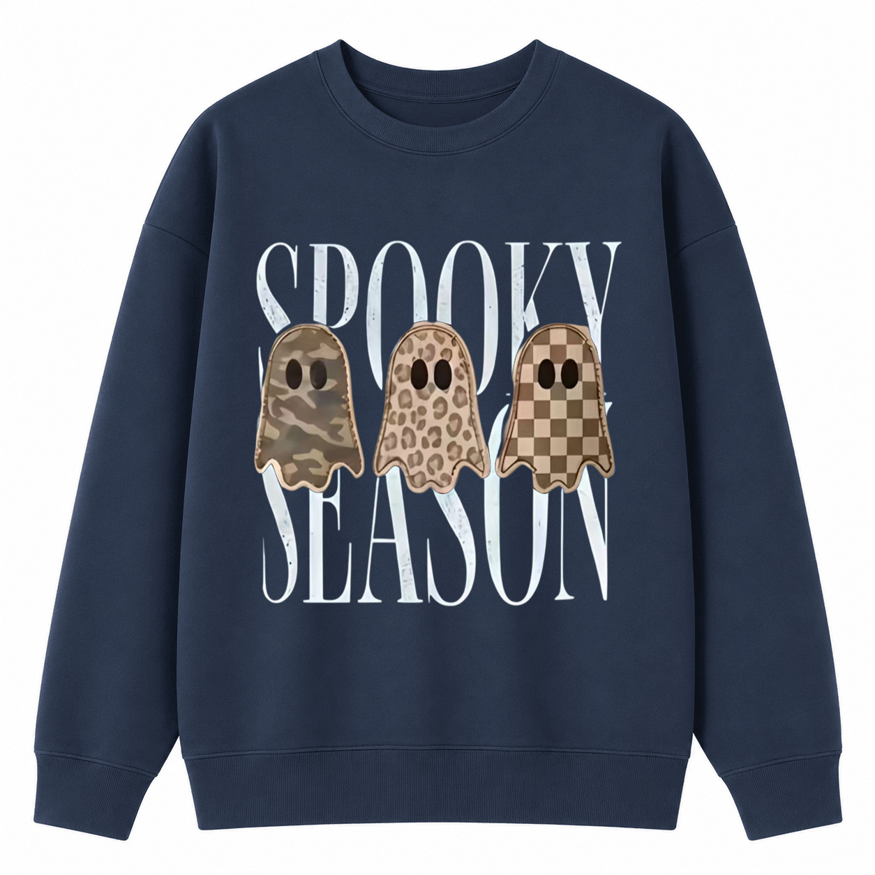 Spooky Season Ghost Graphic Sweatshirt – Camo, Leopard & Checkered Halloween Crewneck Pullover