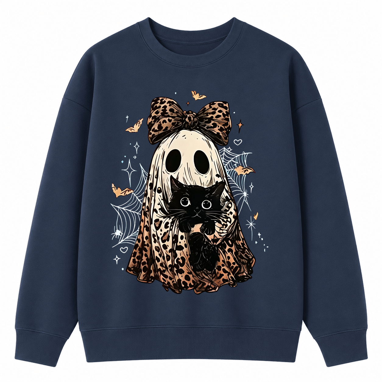 Coquette Leopard Ghost Black Cat Sweatshirt | Spooky Fall Halloween Pullover