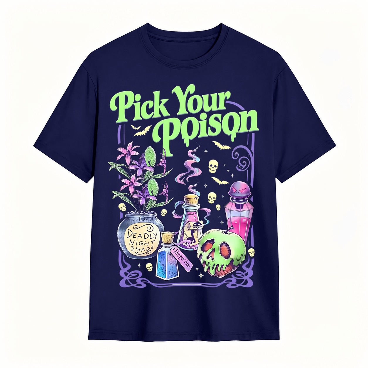 Pick Your Poison Halloween T-Shirt – Spooky Gothic Potion Graphic Tee, Dark Witchy Aesthetic Shirt for Halloween Lovers