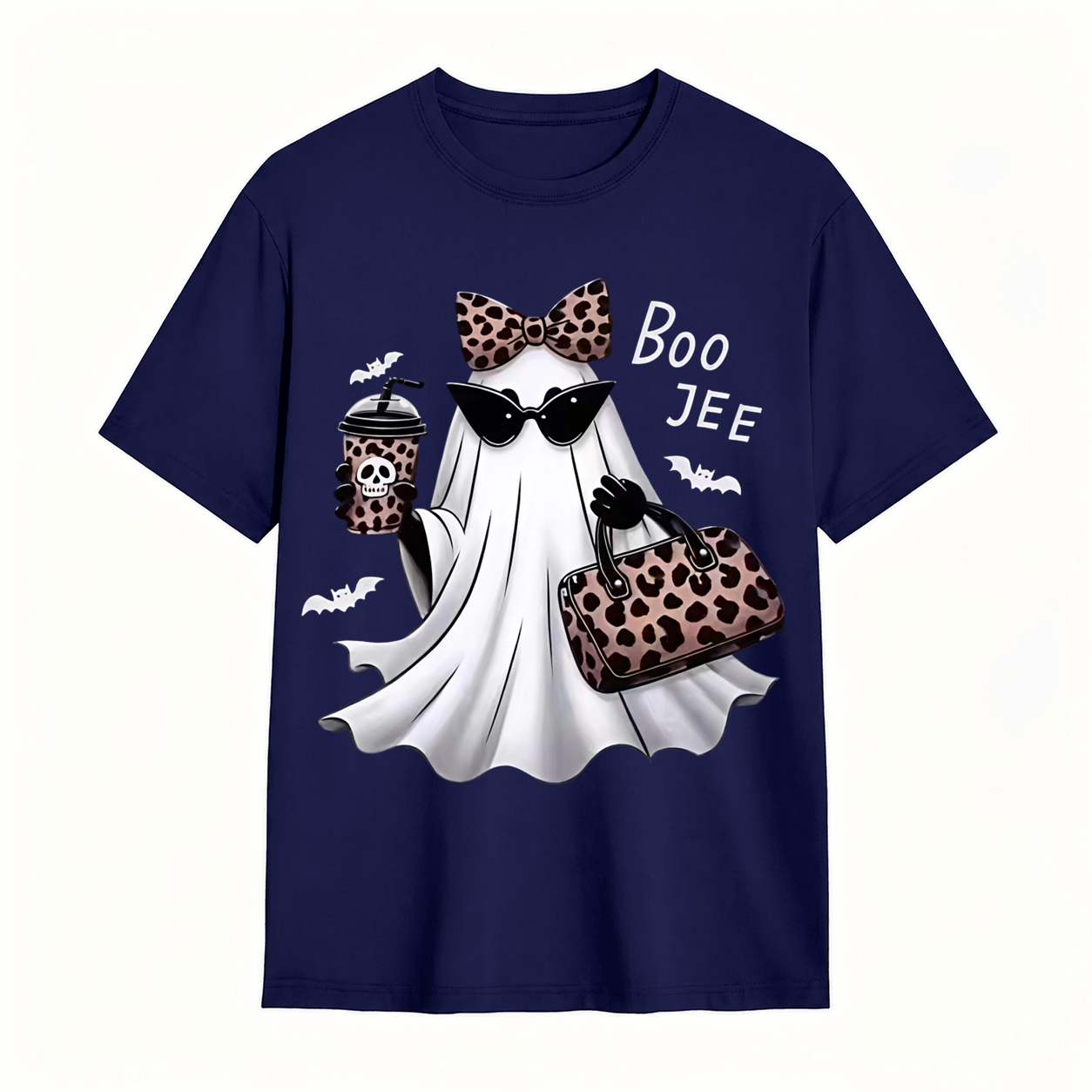 Spooky Chic Ghost Graphic Halloween T-Shirt – Cute Leopard Print Bow & Coffee Casual Tee