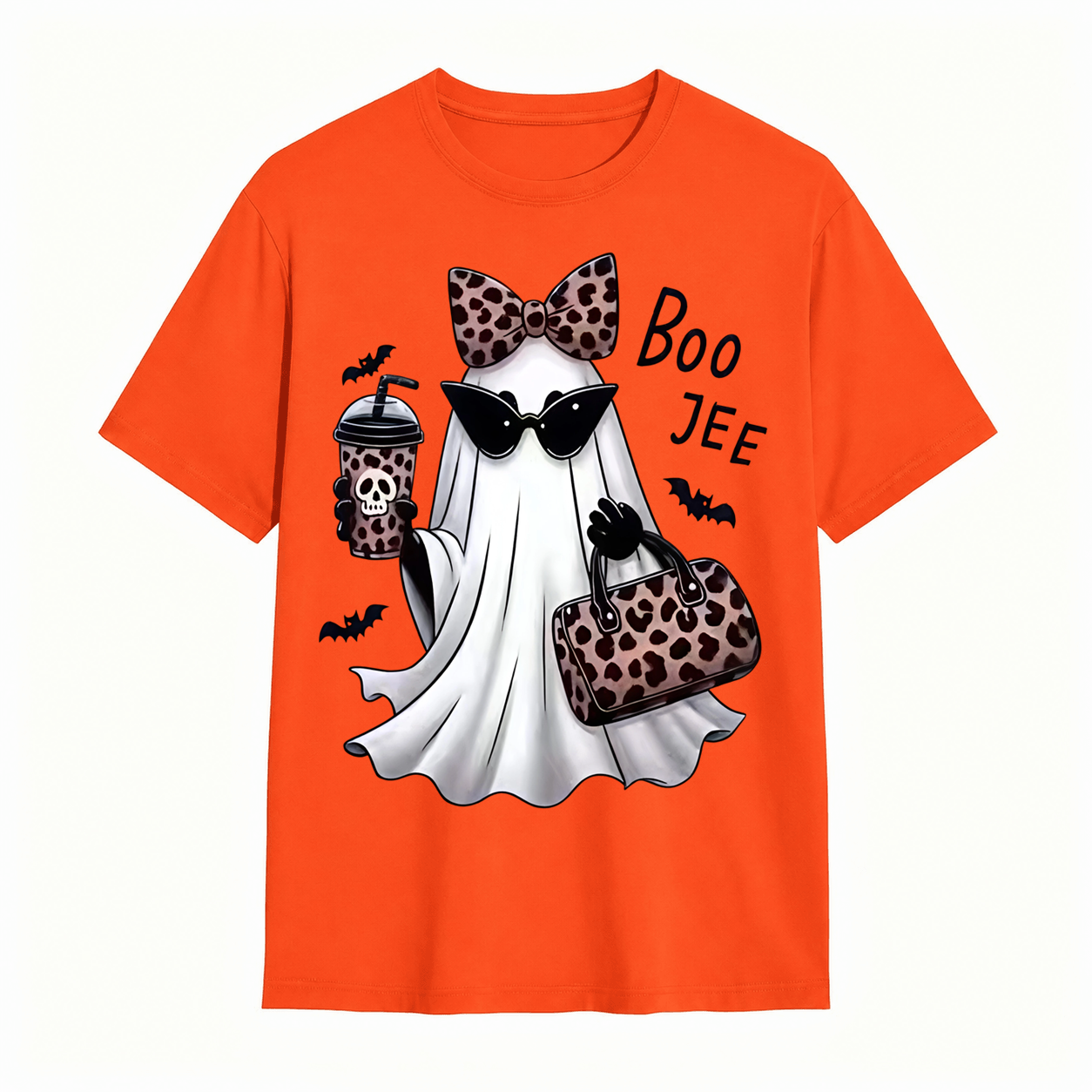 Spooky Chic Ghost Graphic Halloween T-Shirt – Cute Leopard Print Bow & Coffee Casual Tee