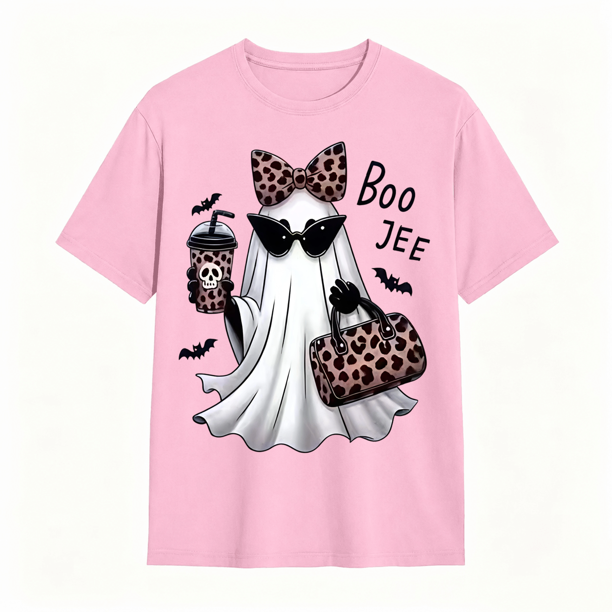 Spooky Chic Ghost Graphic Halloween T-Shirt – Cute Leopard Print Bow & Coffee Casual Tee
